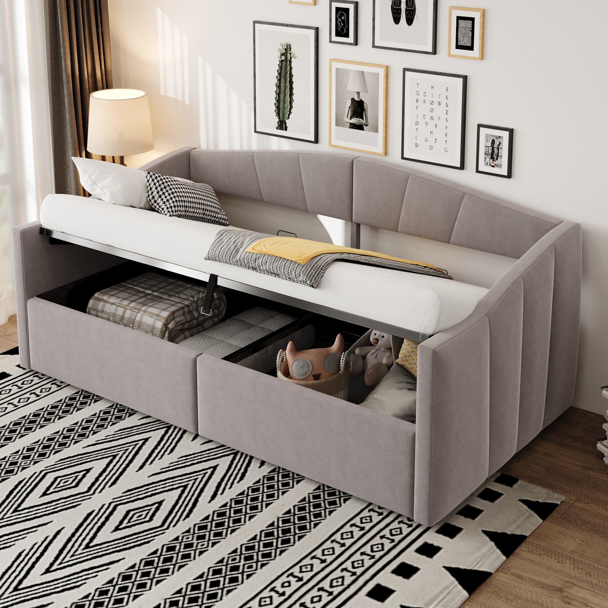 Sofabett 90x200 cm - Multifunkcyjne z hydrauliką - Samt hellgrau - Lattenrost i ramiona