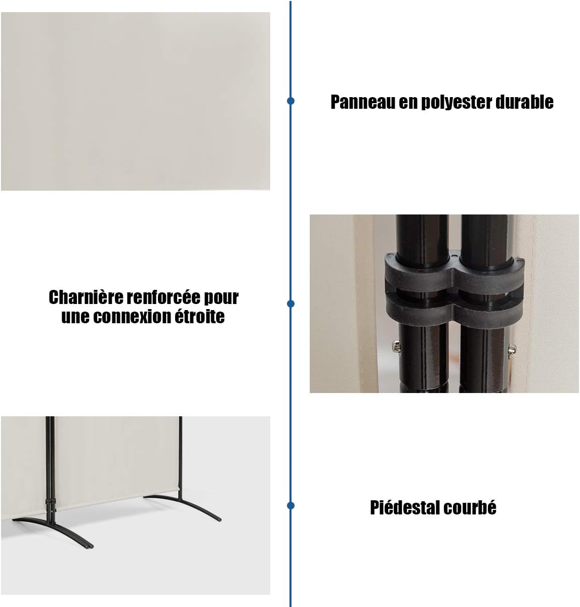 Cloison à 3 Panneaux, Paravent Pliable avec Charnières Résistantes en Acier, Cloison Autoportante, pour Maison, Bureau, Salle de Bain 260x 183cm Beige - 2