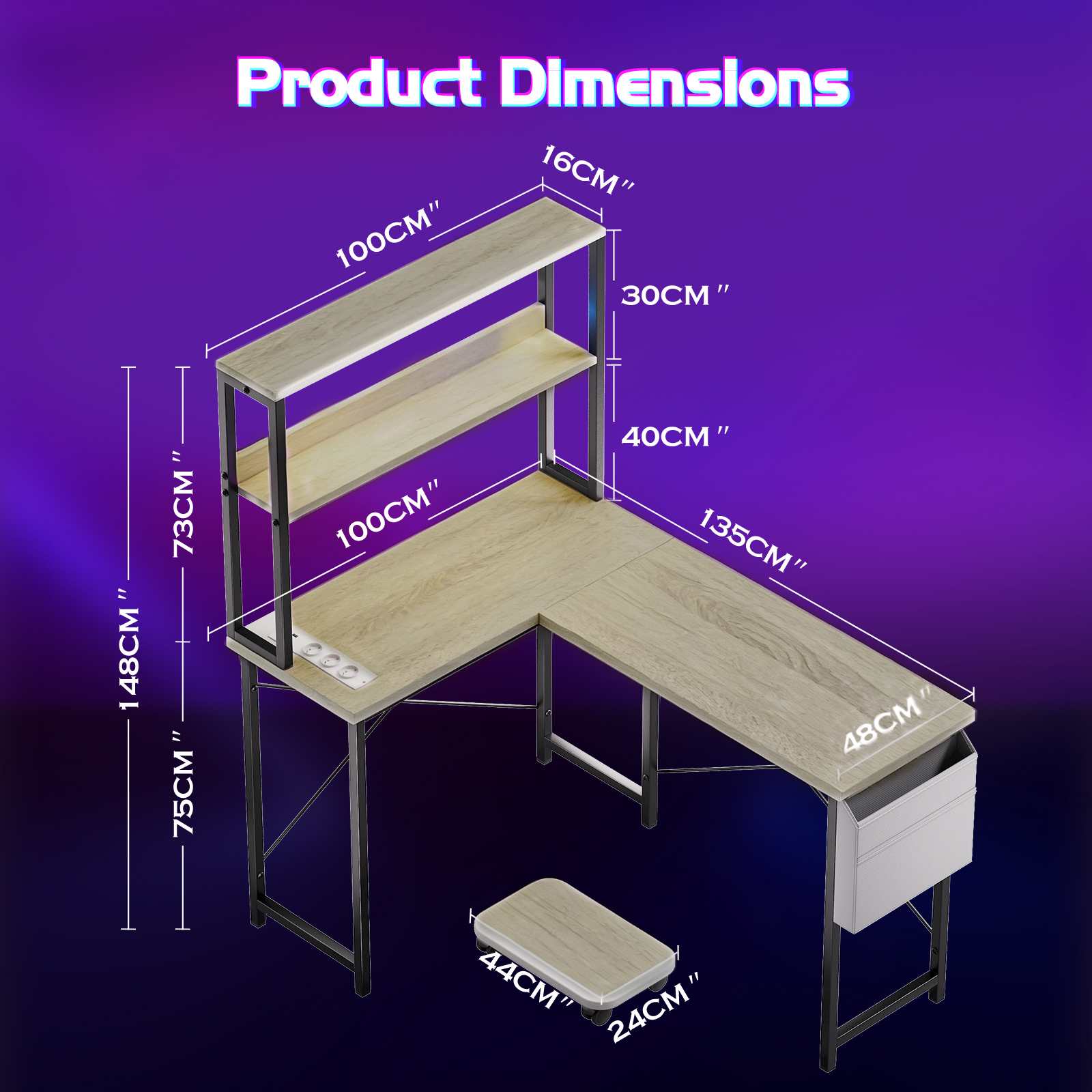 Bureau Gaming L-Forme 148cm avec LED, 3 Prises AC + 2 Ports USB, Étagères à Double Niveau, Réversible - 2