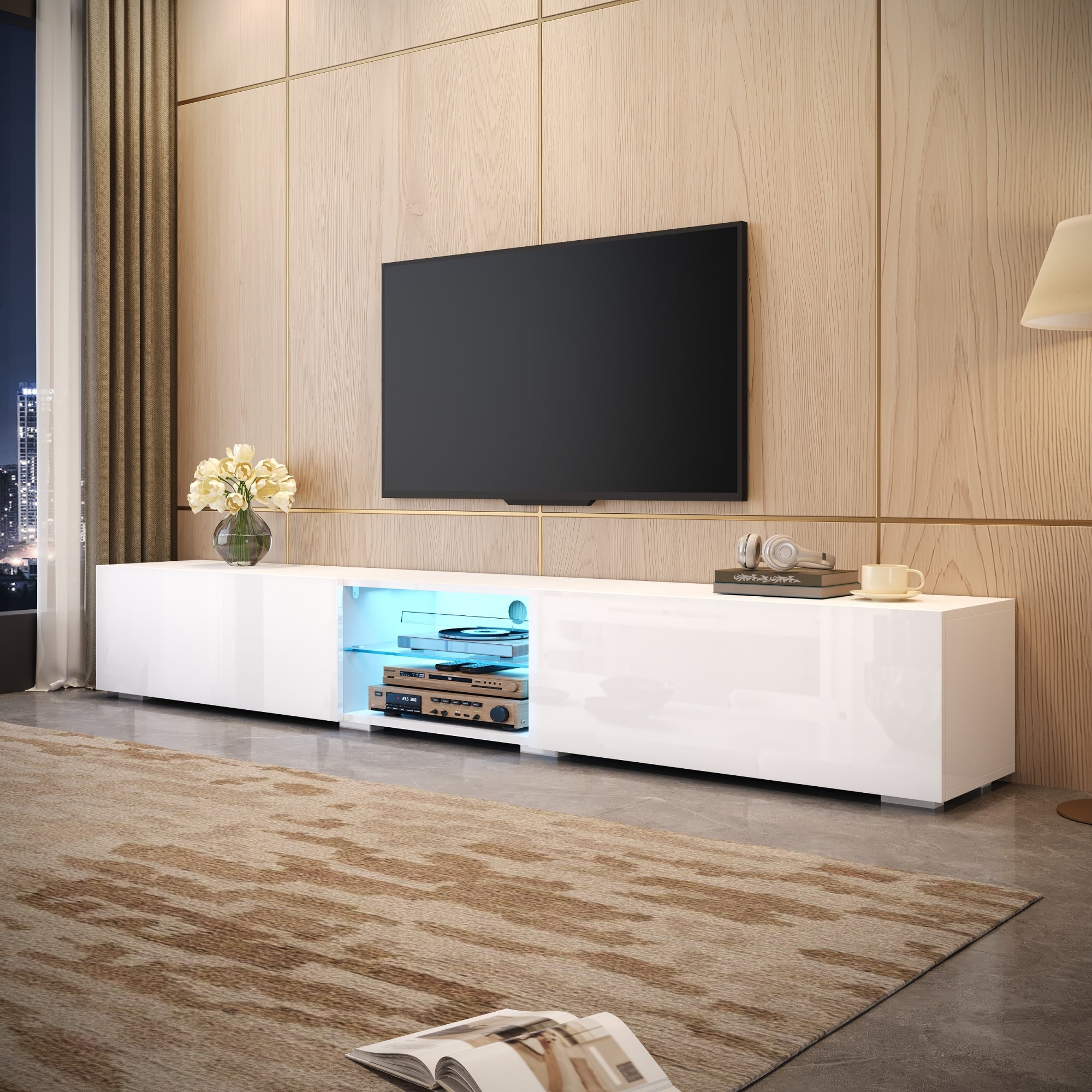 Szafka RTV 200 cm z 2 lakierowanymi drzwiami, oświetleniem LED i szklaną półką - Płyta wiórowa + MDF - 200 x 30 x 30 cm - Biała - 5