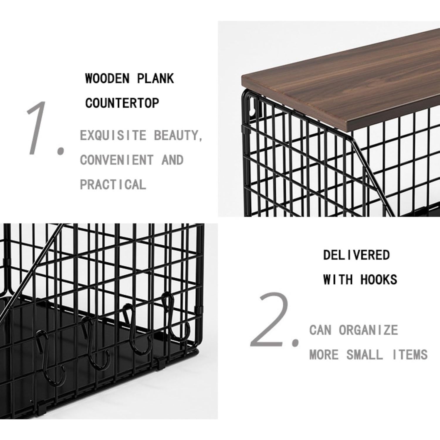 Cesti frutta impilabili con coperchio in legno, cesto a muro con 2 ganci per cucina, organizzatore salvaspazio per il banco cucina - 8