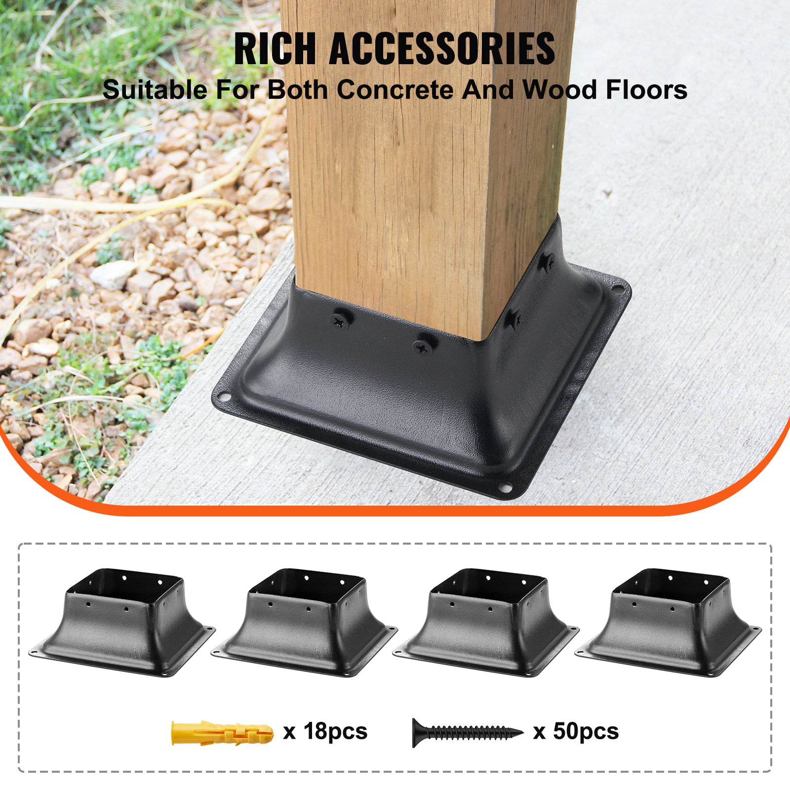 Lot de VEVOR 4 Support de Poteau Bois 4''x4'' 102x102 mm Base de Poteau Interne 91,4x91,4 mm en Acier au Carbone pour Ancrage de Poteau Bois Standard - 5