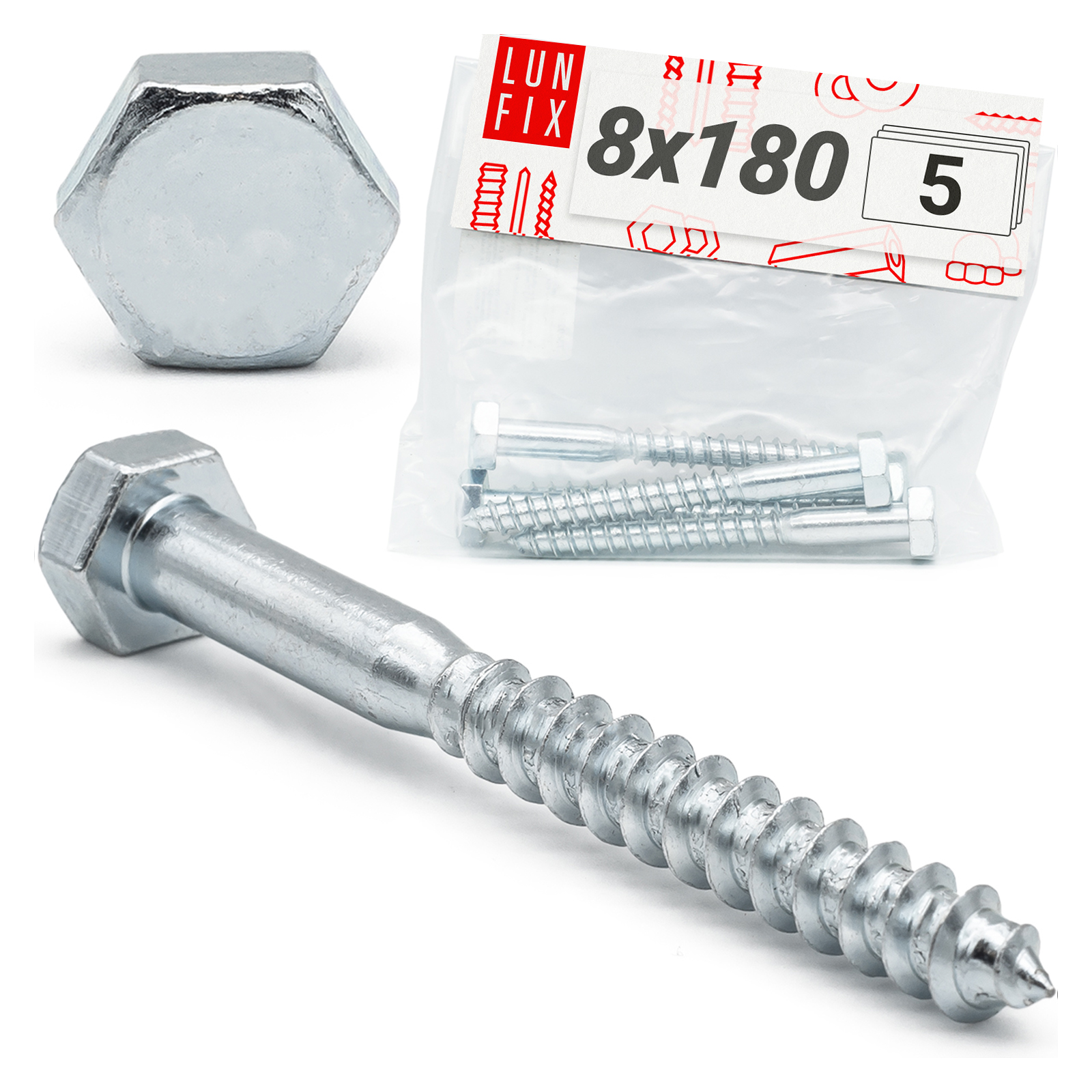 Wkręty ciesielskie z łbem sześciokątnym DIN571mm M8x180mm 5szt.