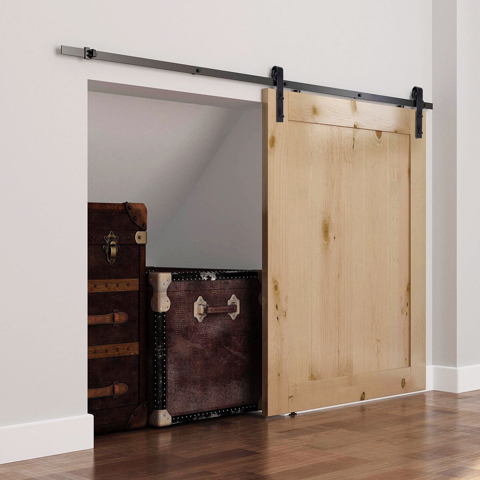 Kit d'accessoires pour rail de porte coulissante de 200 cm avec rail et roulettes, embouts style rustique, capacité de charge 90 kg, au carbone noir - 7