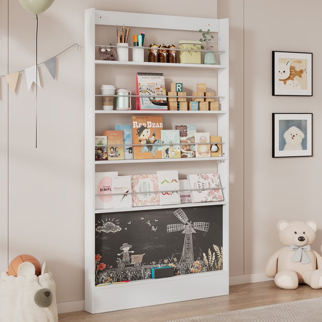 Libreria 100×10×180 cm con 4 ripiani aperti e una lavagna, in MDF, bianca