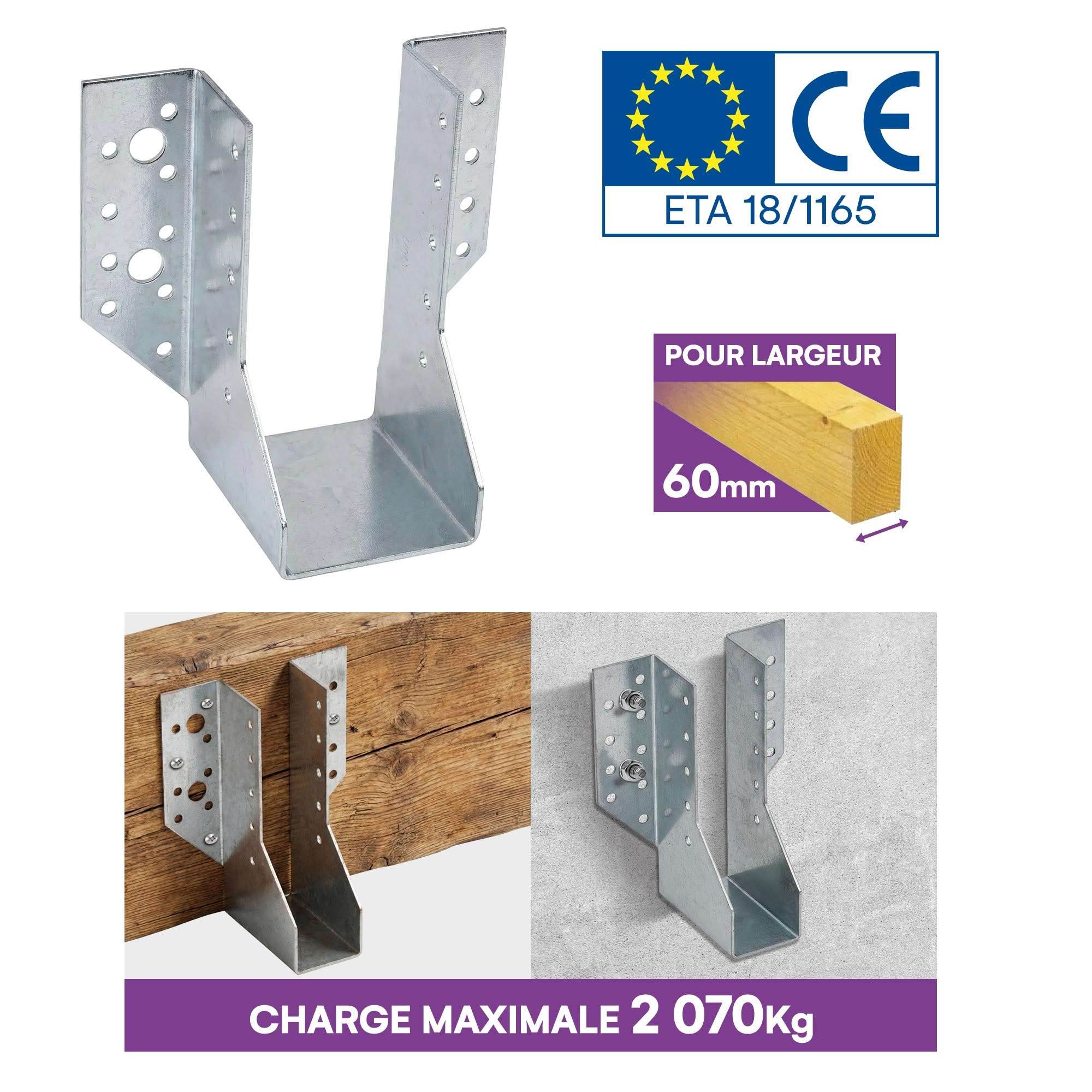 10 Sabots de charpente à ailes extérieures Connecteurs de poutres - Acier galvanisé - Larg 60 x Ht 132 mm - Fabriqué en Europe - 3
