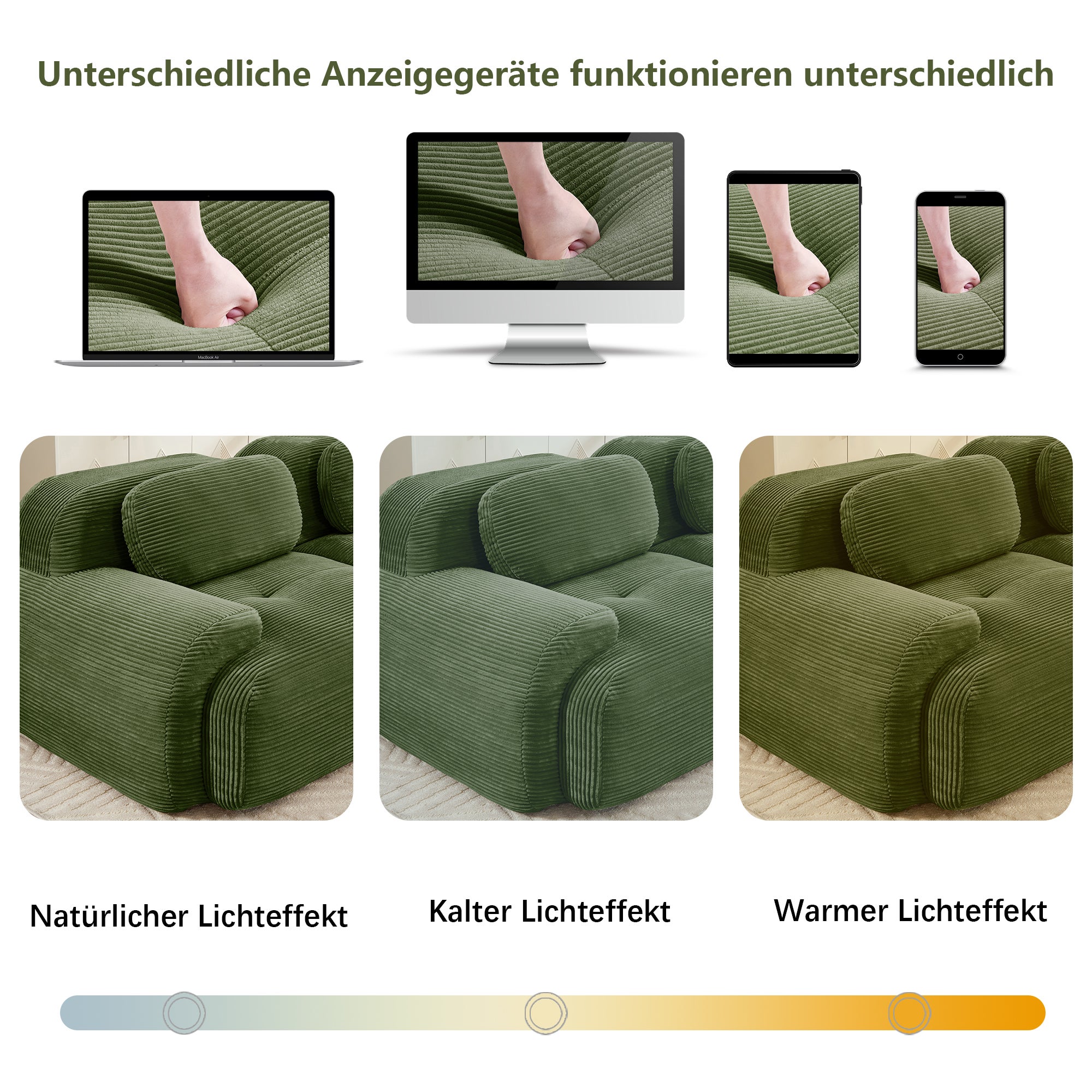 Canapé d'angle modulable ergonomique, Canapé d'Angle velours côtelé avec&nbsp;poufs, accoudoirs extra larges, rembourrage 32D, Canapé 3 Places vert - 7