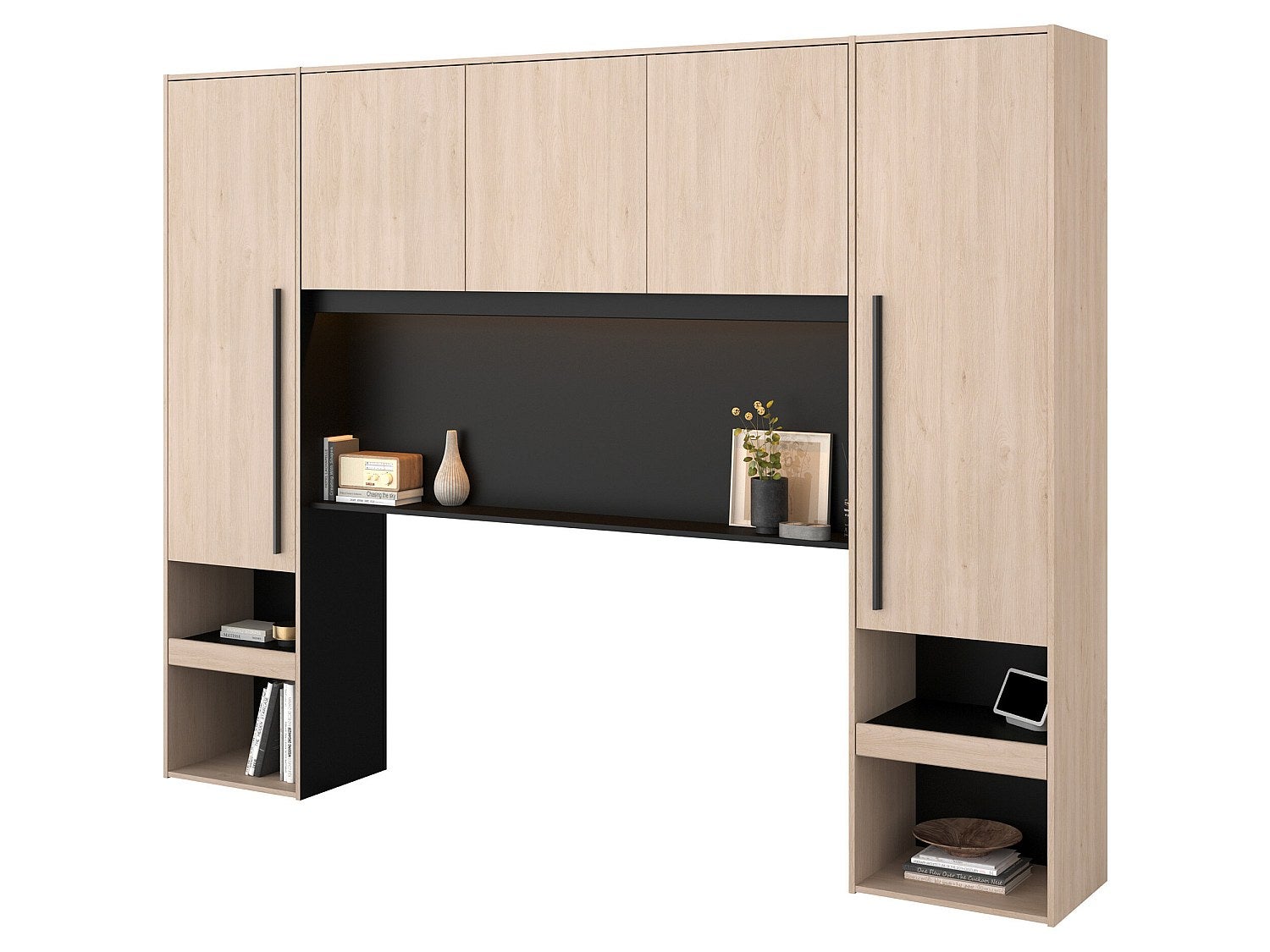 Pont de lit avec rangements - Avec LEDs - L265 cm - Coloris : Naturel et noir - VELONA - 5