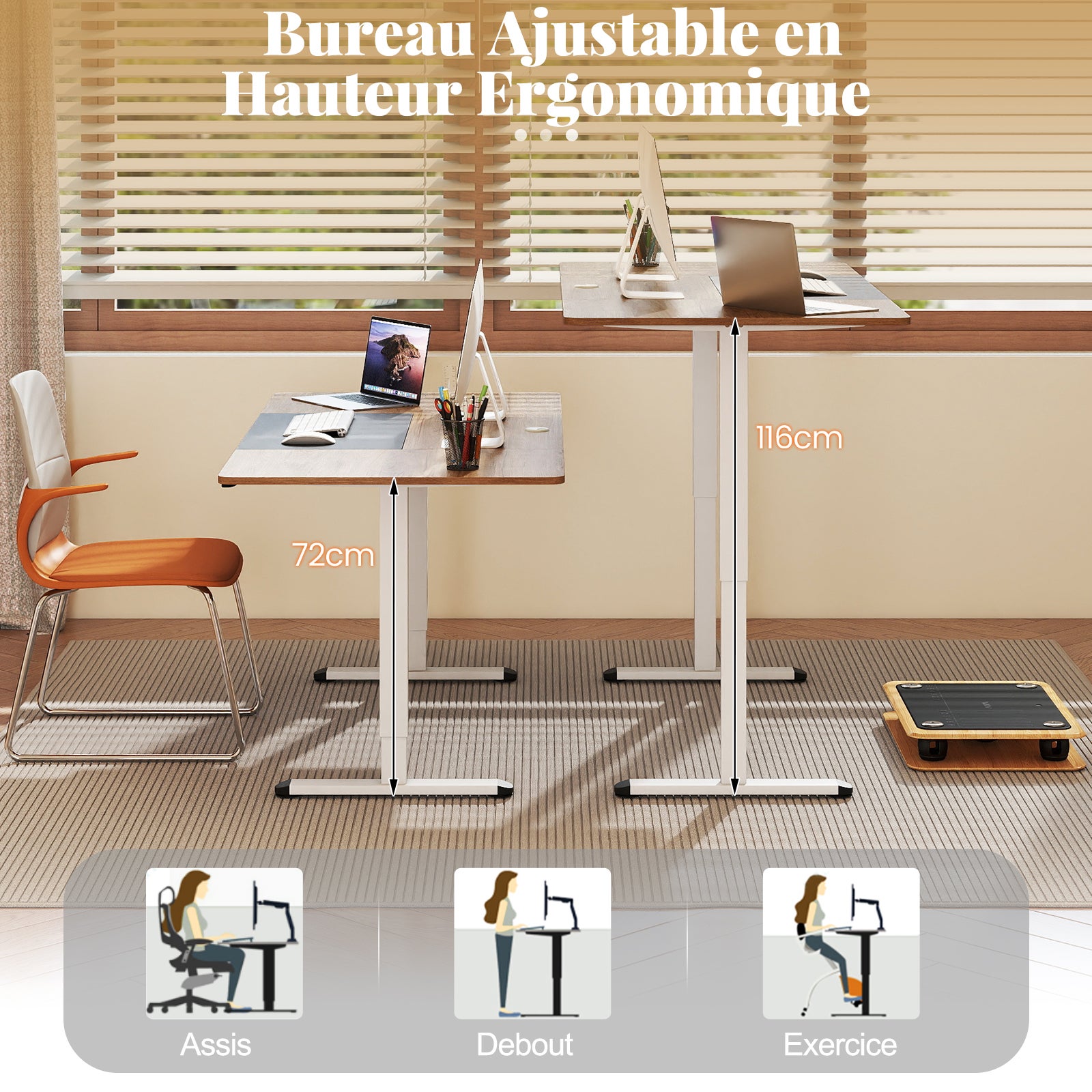 Bureau Électrique Réglable en Hauteur, 140 x 70 cm, Table Assis Debout avec Moteur Puissant et Fonction Mémoire 3 Hauteurs, Naturel Foncé - 3