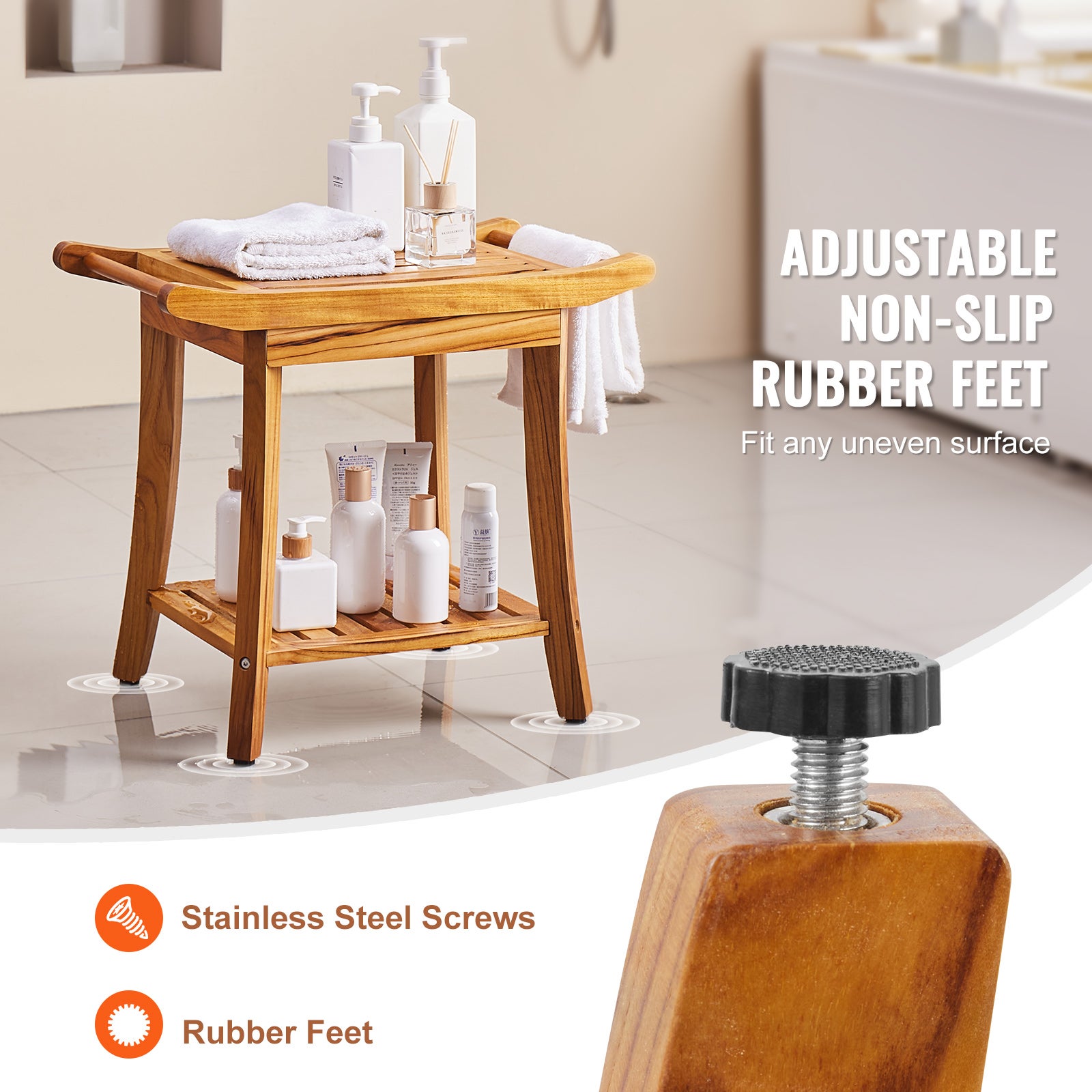 Tabouret douche en teck,VEVOR 560x365x470 mm,tabouret douche étanche avec poignées rangement,pieds antidérapants,300 lb,adapté à la salle de bain - 4