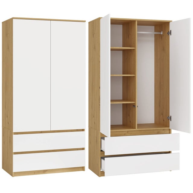 TURIN - Armoire de chambre - Penderie multifonctions - 2 portes + 2 tiroirs - Dressing - artisan et blanc
