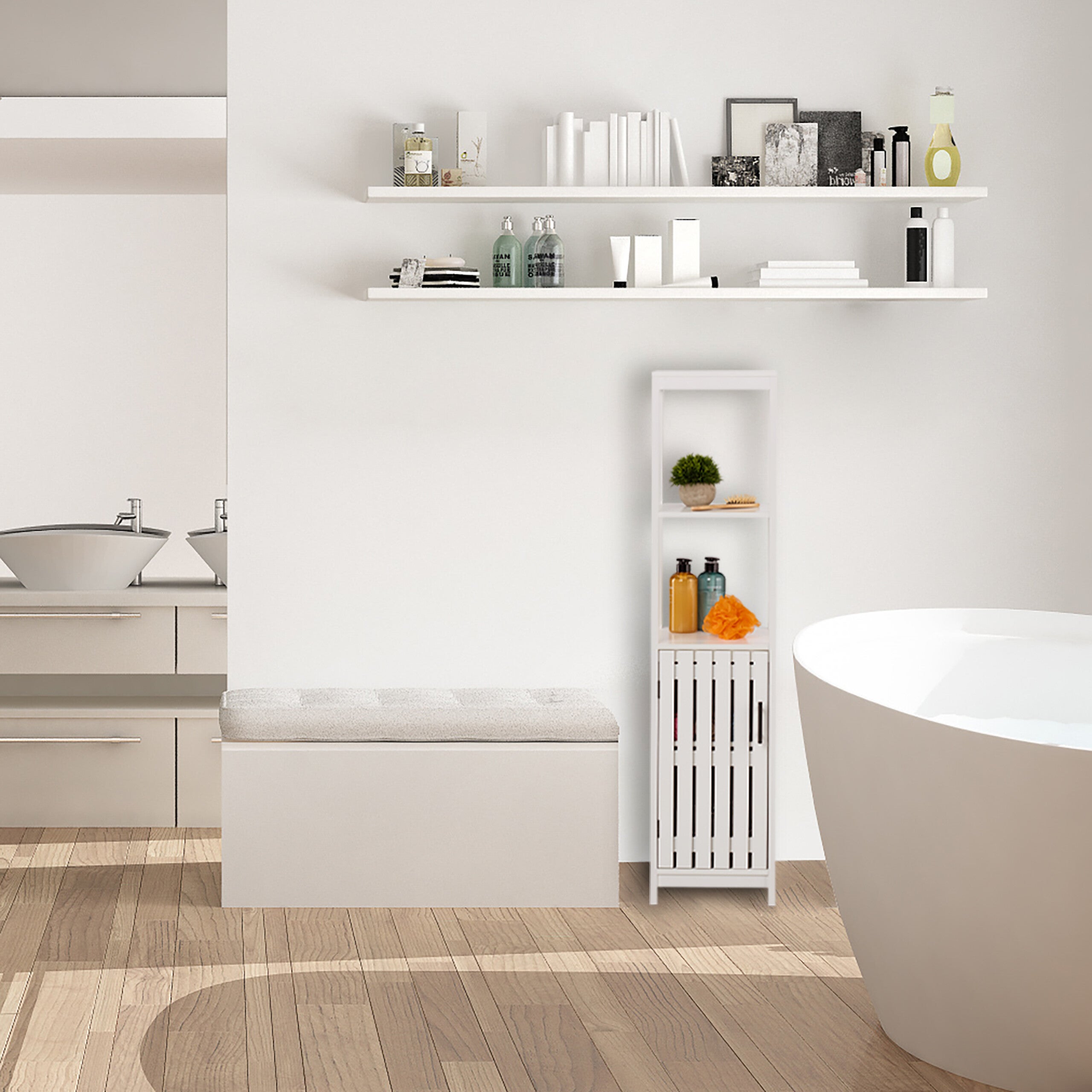 RELAX4LIFE Mobiletto Ad Angolo Con Anta E Ripiano Aperto – 30x30x80 Cm, Bianco, MDF, Per Bagno E Camera