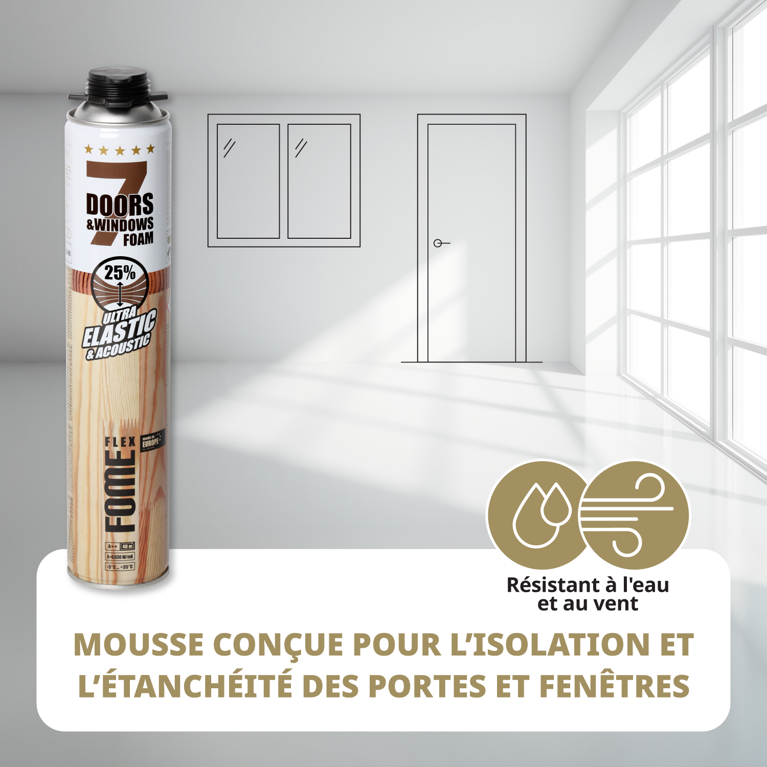 Mousse polyuréthane élastique FOME FLEX 7 Doors & Windows – montage portes & fenêtres, isolation & étanchéité – 750 m - 2