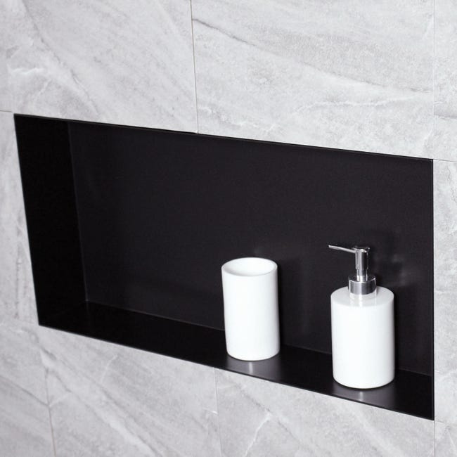 Neodrain Doccia a muro con nicchia in acciaio inox con mensola, per bagno, 60 x 20 cm, colore: nero Neodrain Doccia a muro con nicchia in acciaio inox con mensola, per bagno, 60 x 20 cm, colore: nero
