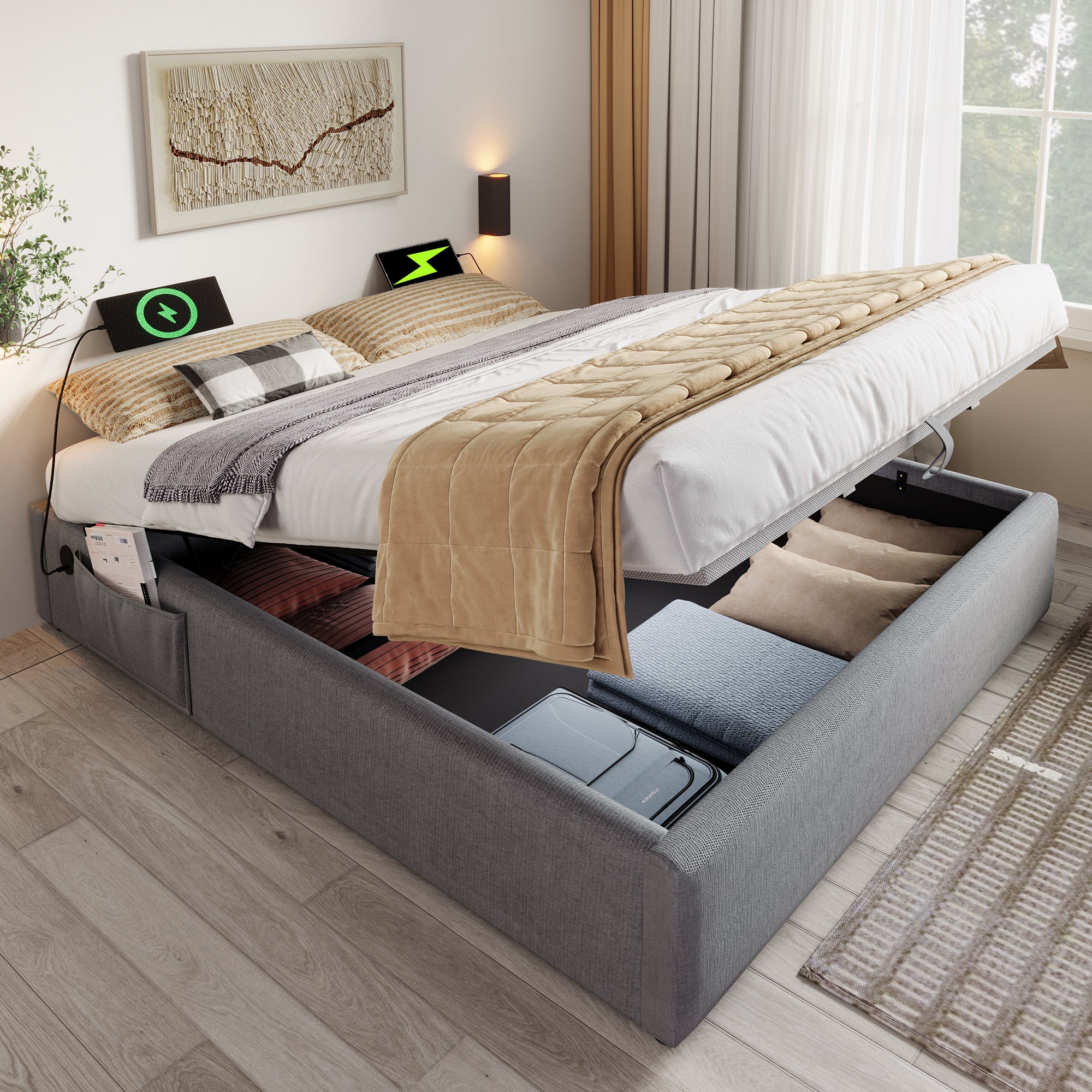 Letto Contenitore Imbottito 160×200 Cm - Tessuto In Lino - Con Prese Di Ricarica E Rete A Doghe Grigio 97431995