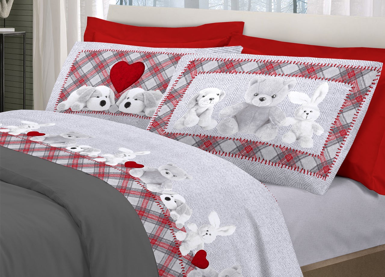 Completo Lenzuola 100% Cotone Linea Pensieri Delicati, Motivo Love Mountain, Matrimoniale Grigio