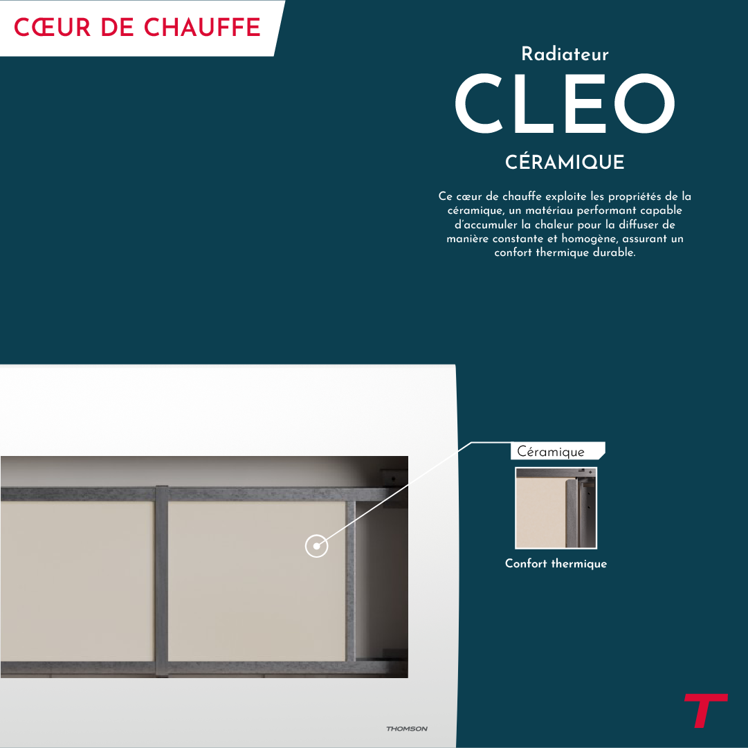 Radiateur électrique fixe à inertie sèche céramique avec thermostat interchangeable 1000W THOMSON CLEO horizontal blanc - 3