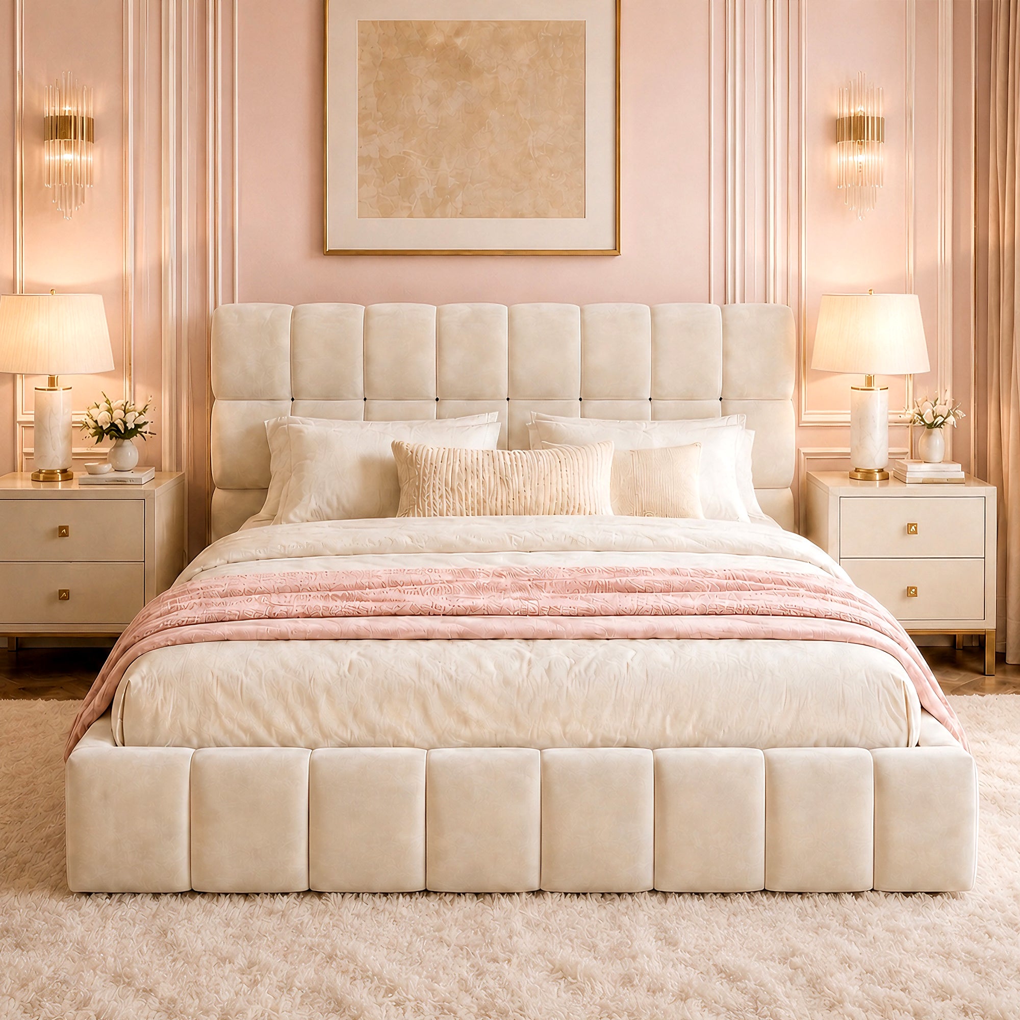 Lit double rembourré 140x190 cm, tête de lit rembourrée, cadre matelassé , pour jeunes et adultes, velours, beige - 2