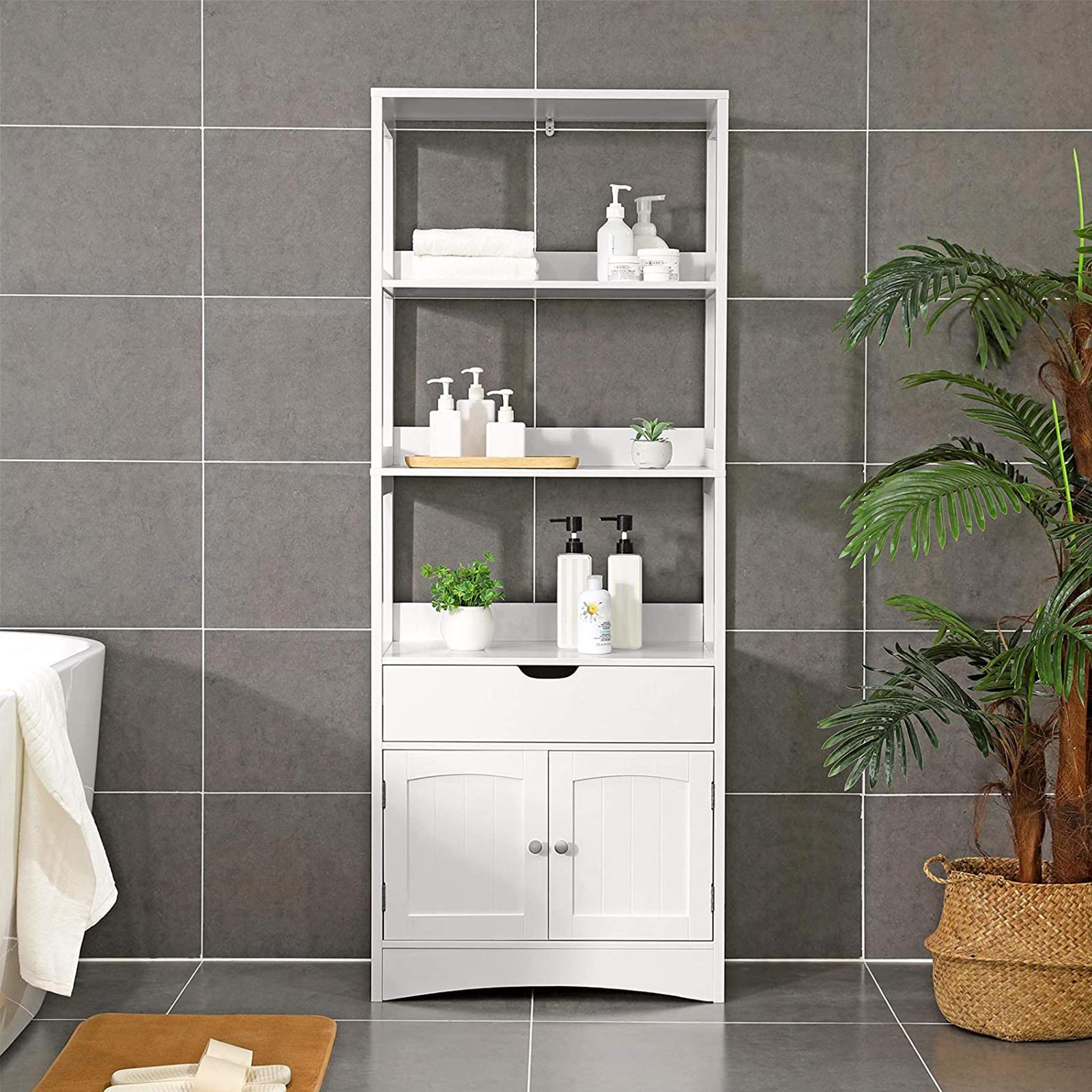 Meuble De Salle De Bain Avec 3 Compartiments Ouverts, 1 Tiroir, 1 Placard, 60 x 32,5 x 154 cm - 6
