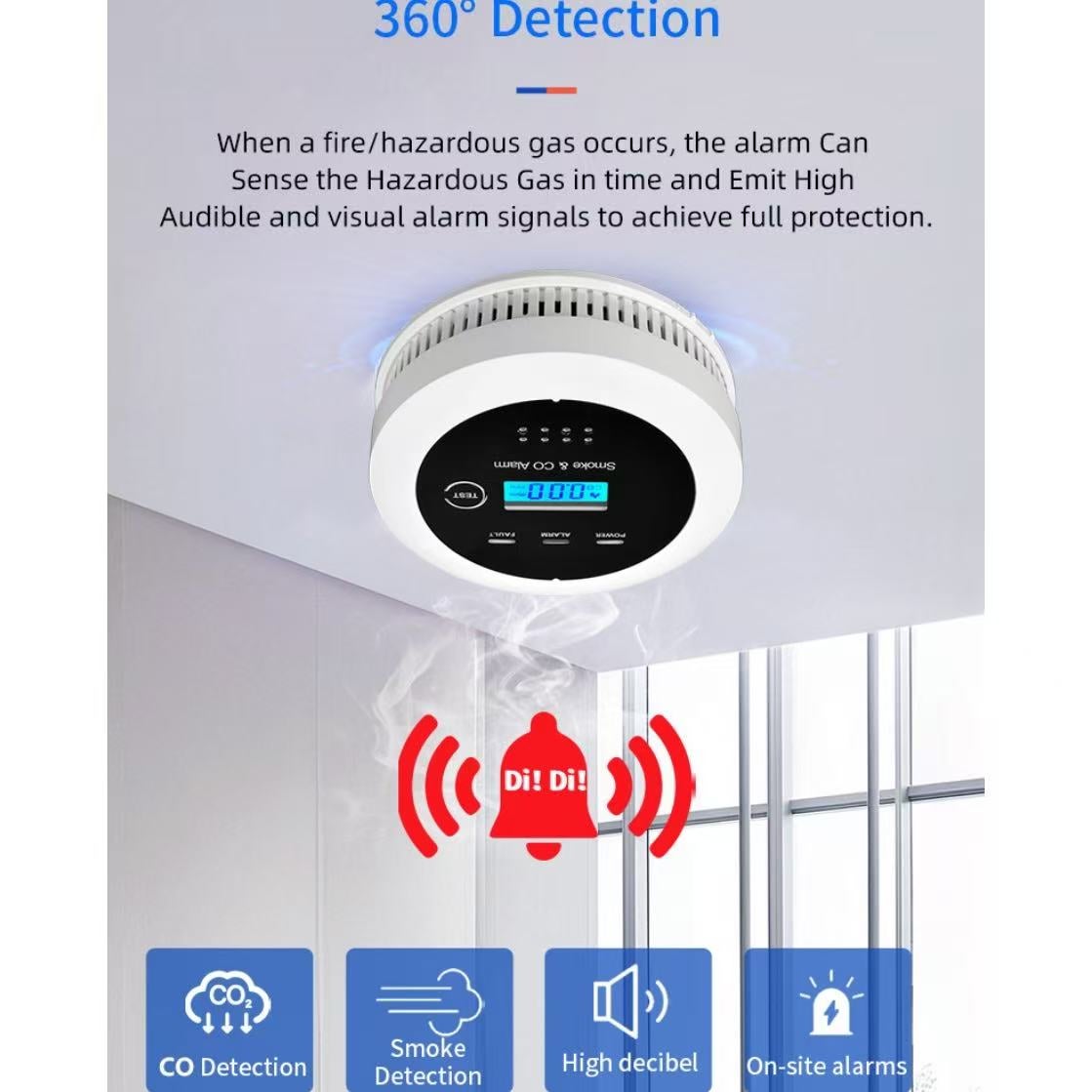 LOLLANDA Detector de humo, alarma de monóxido de carbono, alarma audible y visual de 85 decibeles, con pantalla LED, alarma de incendio. - 5