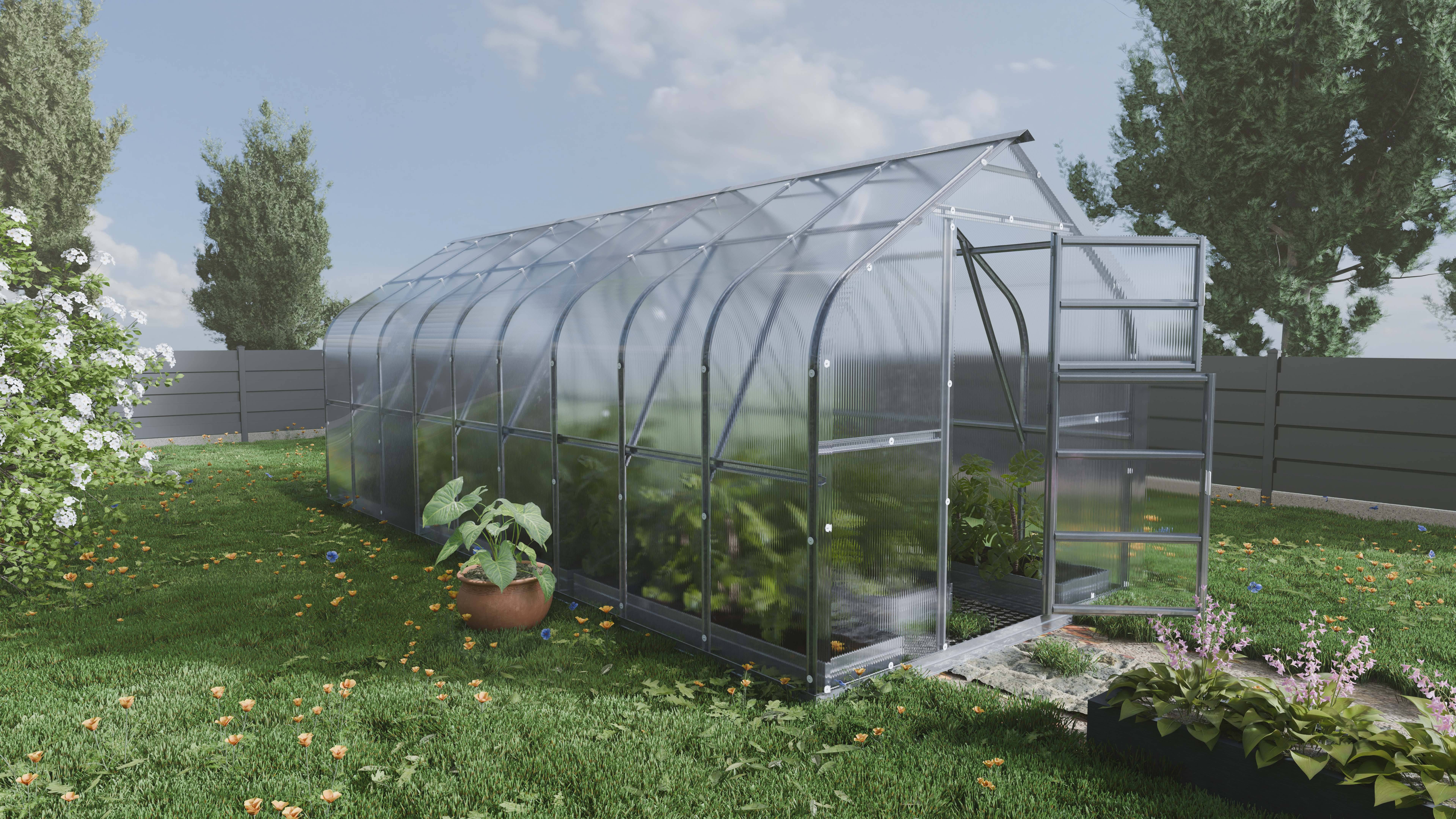 Szklarnia KLASIKA Standard 15 m2, 2,5 m x 6 m, 6 mm z pokryciem z poliwęglanu (z 3 automatycznymi otwieranymi dachami) 1szt.