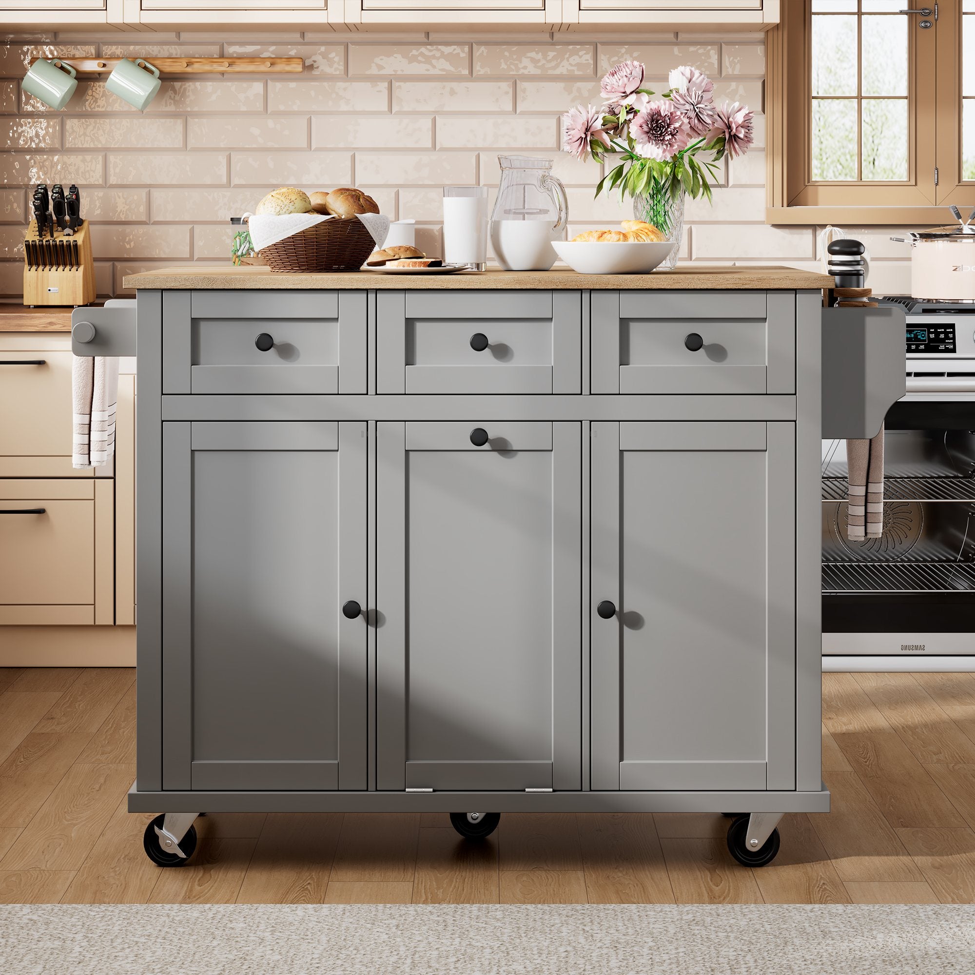 Isola Da Cucina Mobile Con Ruote 90x130 Cm – Piano Pieghevole, Prese USB E AC, Cassetti, Scomparto Rifiuti, Colore Bianco