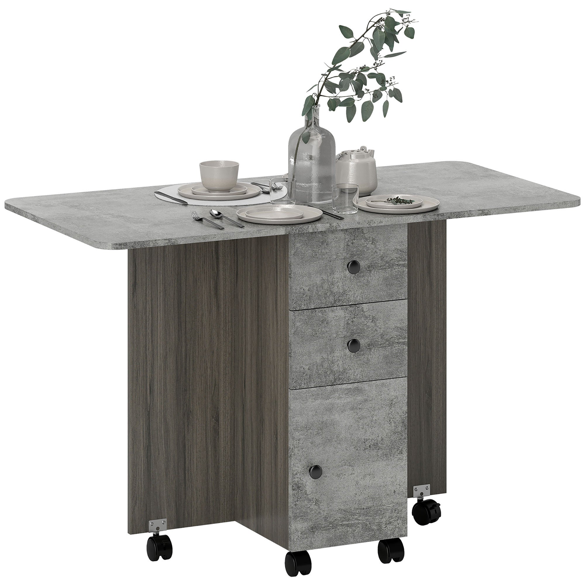 Mesa plegable de comedor con ruedas alas abatibles 2 cajones y armario hasta 6 personas 120x60x76,5 cm gris