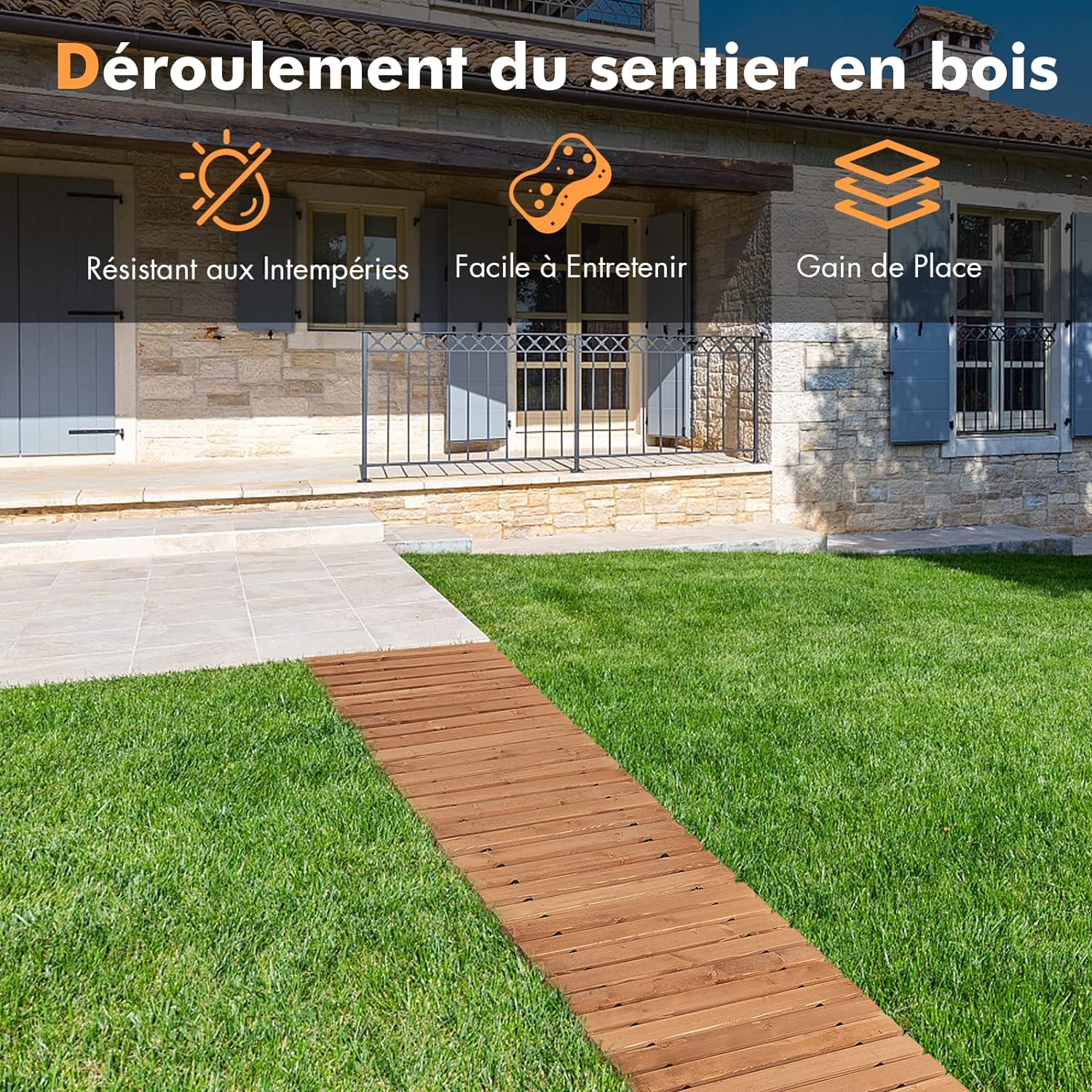 Allée de Jardin en Bois de 245 cm, Allée Droite Extérieure Résistante aux Intempéries avec Fil d'Acier et Texture Antidérapante, 245 x 43 cm - 6