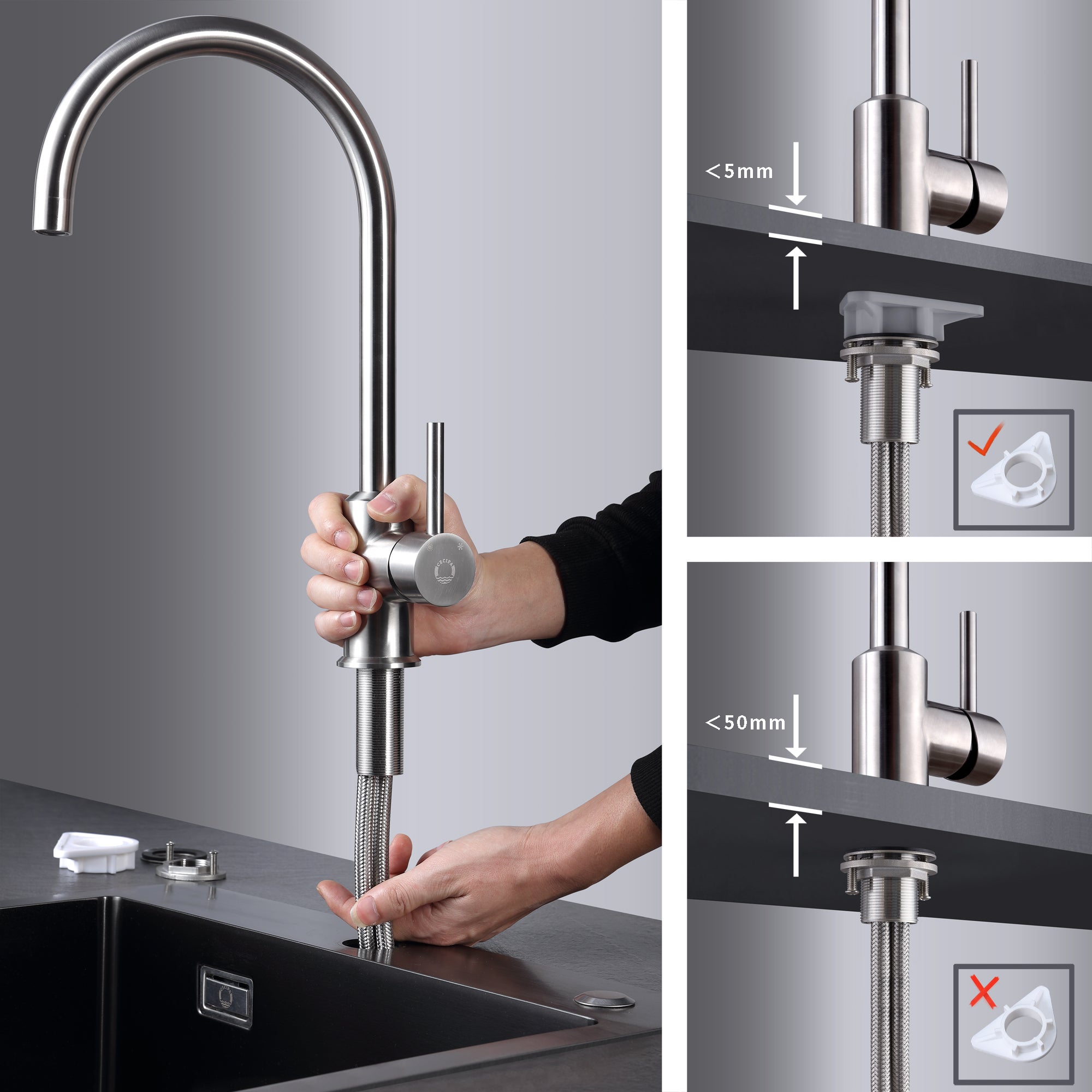 Miscelatore da cucina Cecipa max U-Forme in acciaio inox - Miscelatore per lavello acqua calda e fredda con gocciolatore rimovibile,EU Modello - 9