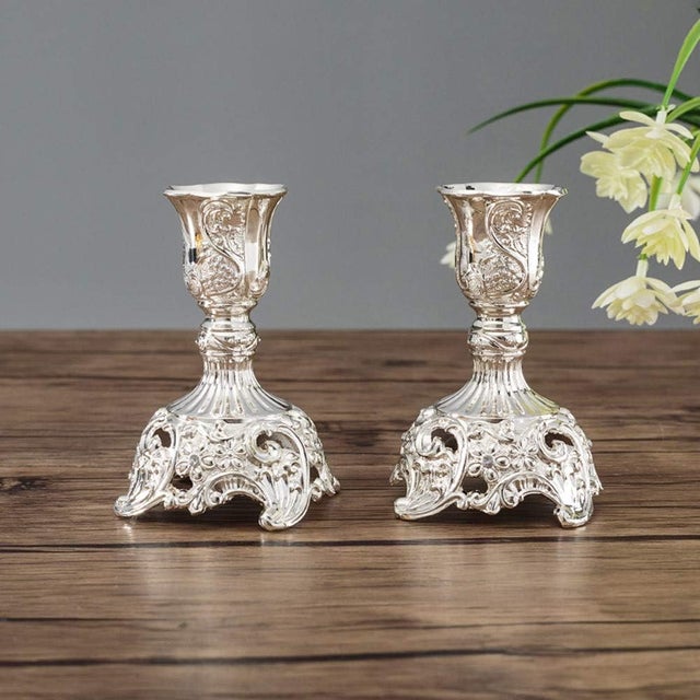 Argenté-Lot de 2 Bougeoirs Chandeliers Candélabres en Argenté Métal Decoration, Vintage Bougeoir de Décoration de Table Mariage