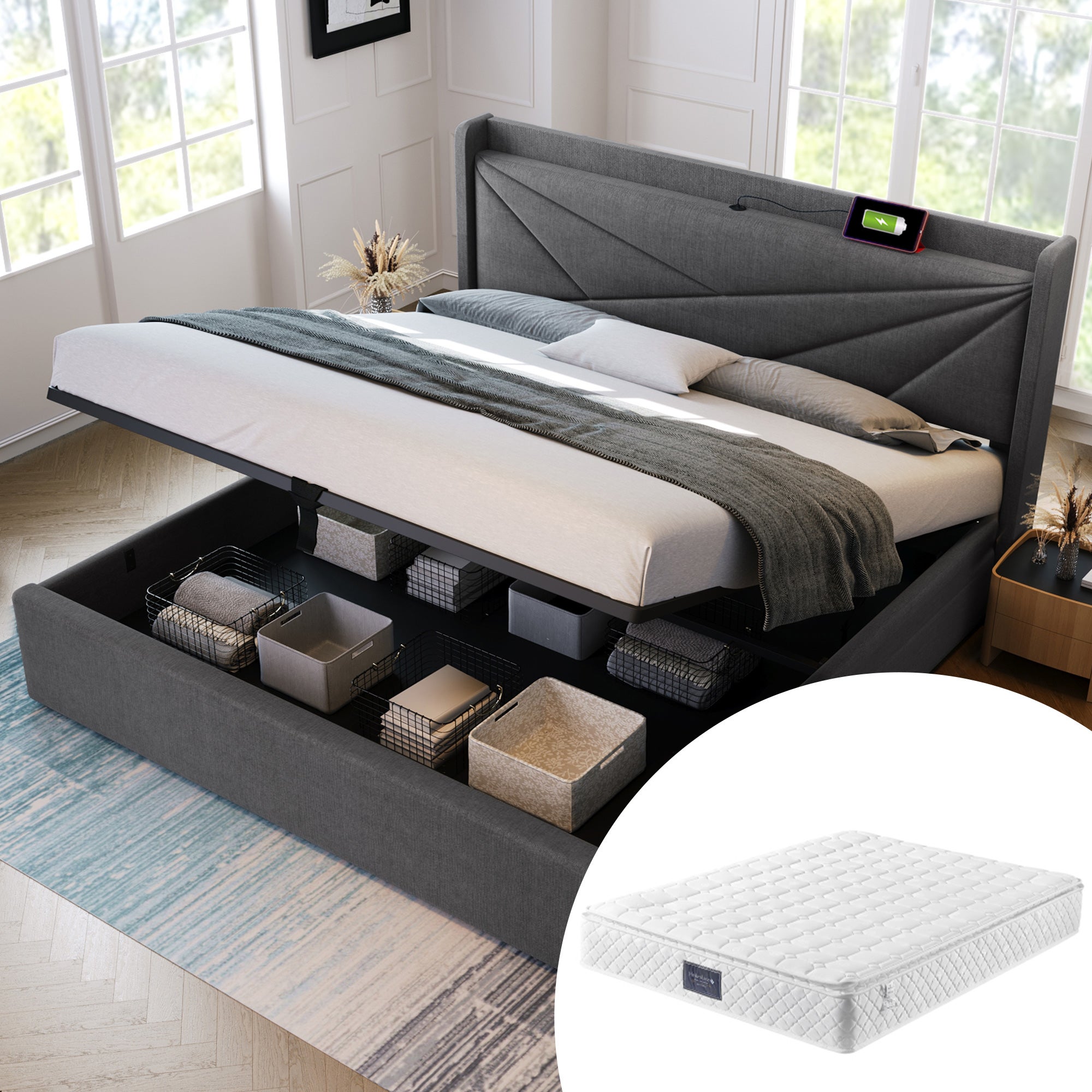 Lit rembourré lit double coffre de rangement avec fonction de charge USB Type C tête de lit, lits de rangement cadre de lit en lin lit jeune 160x200 - 6