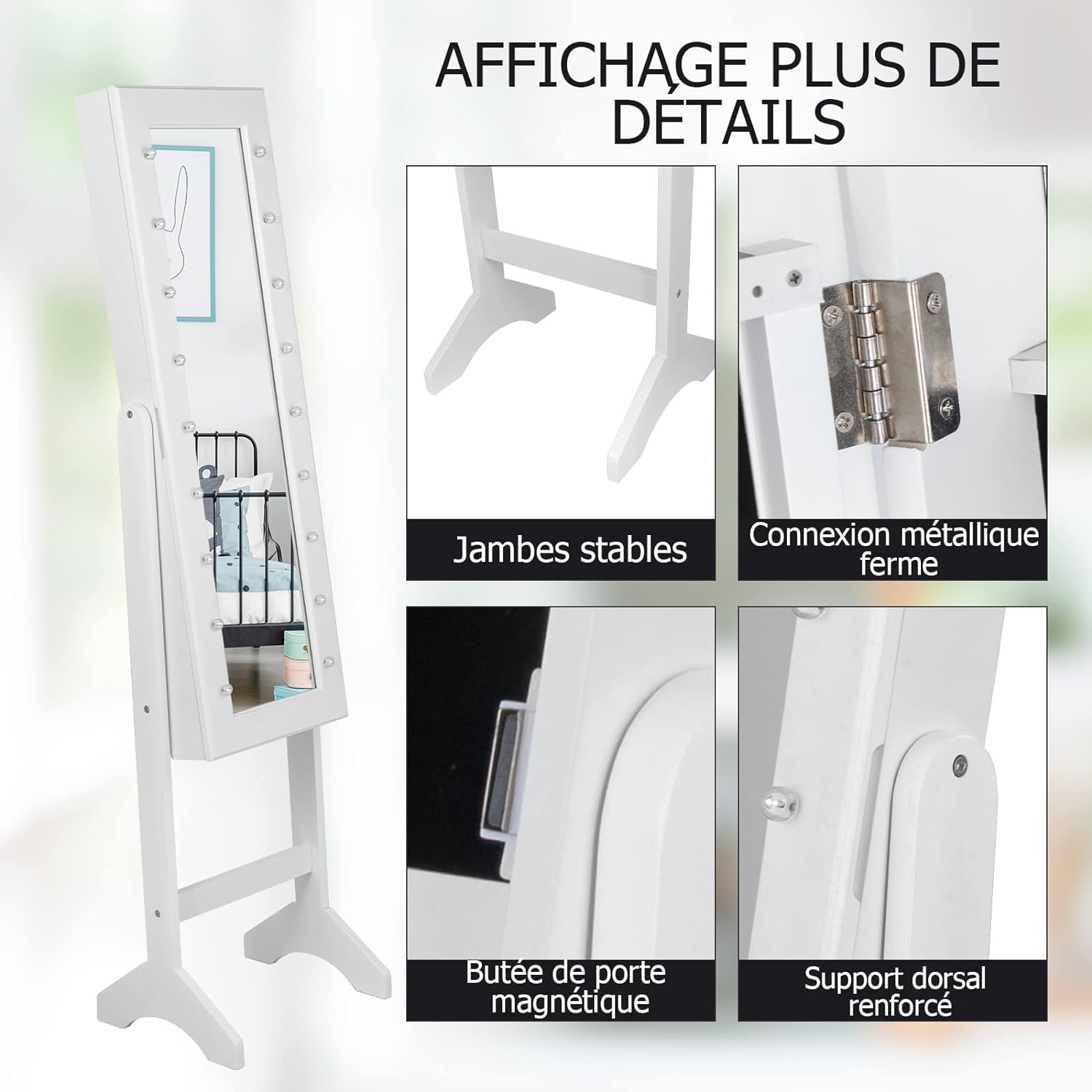 Armoire a Bijoux sur Pied,Rangemen avec Miroir Plein Longueur & Lumieres LED sur le Miroir, Autoportante Verrouillable avec Crochet de Collier(Blanc) - 4