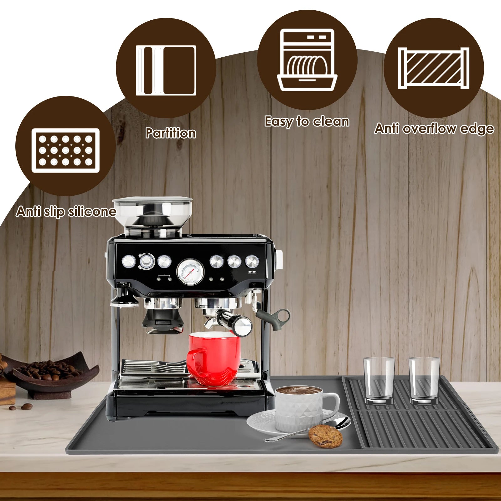 Tapete de silicona 2 en 1 para café, escurridor de platos, para cafetera, diseño antideslizante y bandeja de drenaje extraíble. - 9