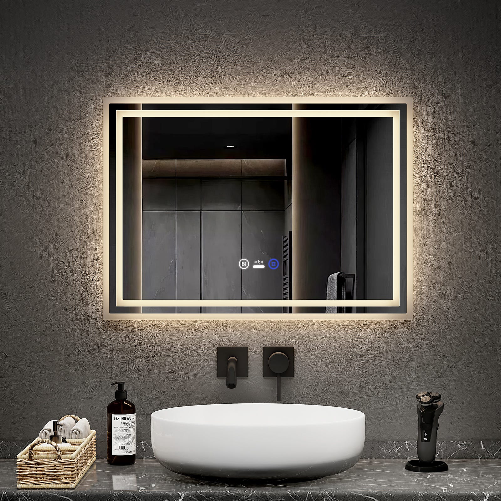 EMKE Specchio LED da Bagno 90 x 70 cm, con Interruttore Tattile, Antiappannamento, Lente 3X, Orologio, 6500K EMKE Specchio LED da Bagno 90 x 70 cm, con Interruttore Tattile, Antiappannamento, Lente 3X, Orologio, 6500K