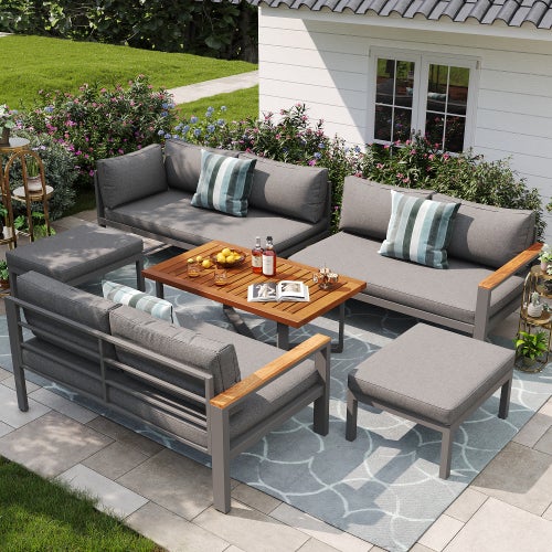 Ensemble de jardin en fer pour 7-8 personnes, ensemble de sièges et table résistant aux intempéries, mobilier pour balcon et terrasse, gris - 6