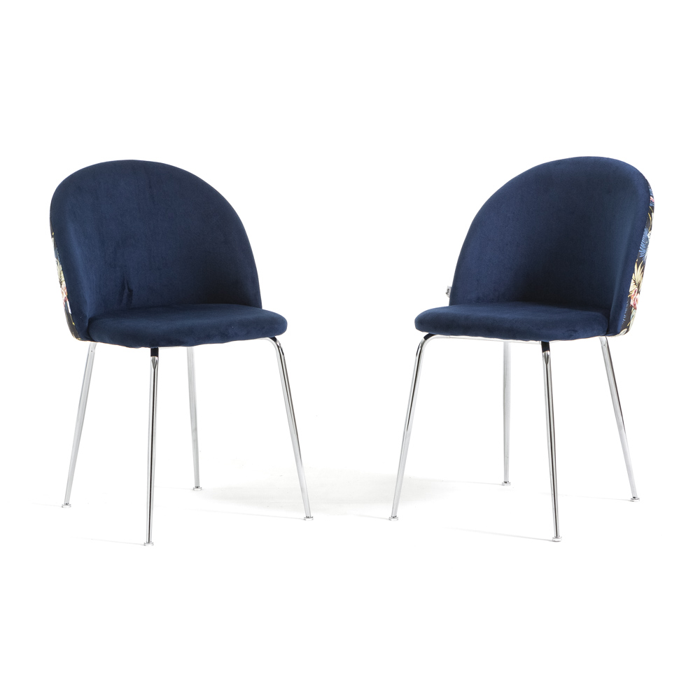 Conjunto de 2 sillas acolchadas sara en terciopelo azul flamenco y patas de metal plateado