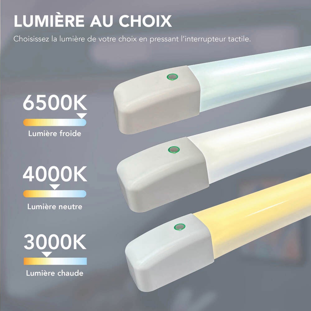 Applique miroir LED blanc + prise, 10W, 900lm, IP44, 3000 à 6500K, inter. tactile, garantie 5 ans - Tibelec - 6