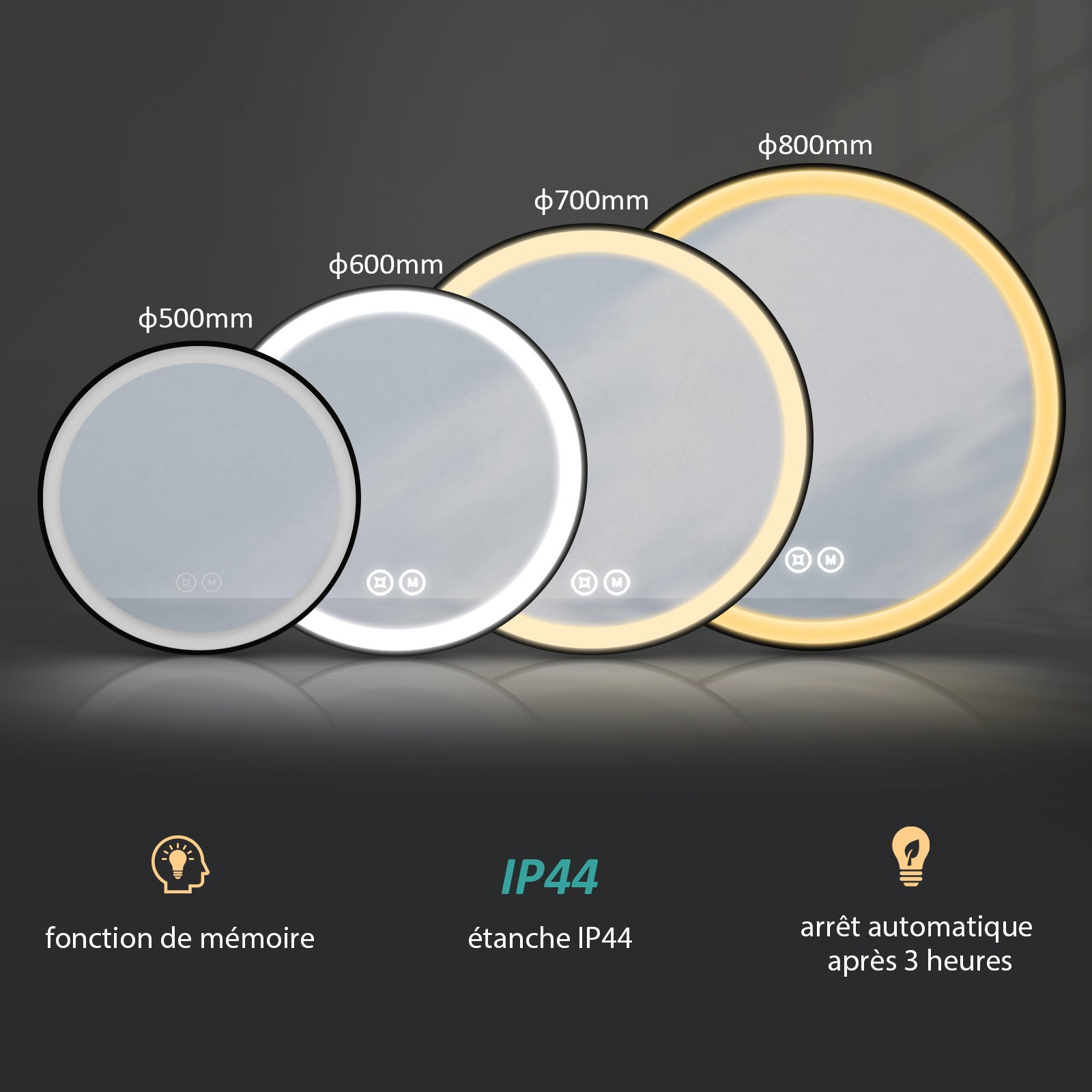 EMKE Miroir lumineux salle de bain rond diamètre 80cm cadre noir, Sangle réglable, Miroir LED avec Interrupteur Tactile, 3 couleurs de Lumières - 5