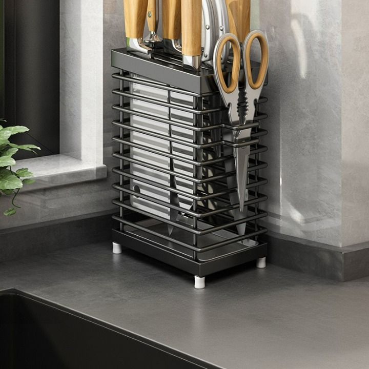 Uchwyt na noże ze stali nierdzewnej 304 do przechowywania na blacie kuchennym, czarny, 14,8*9,7*22,5 cm
