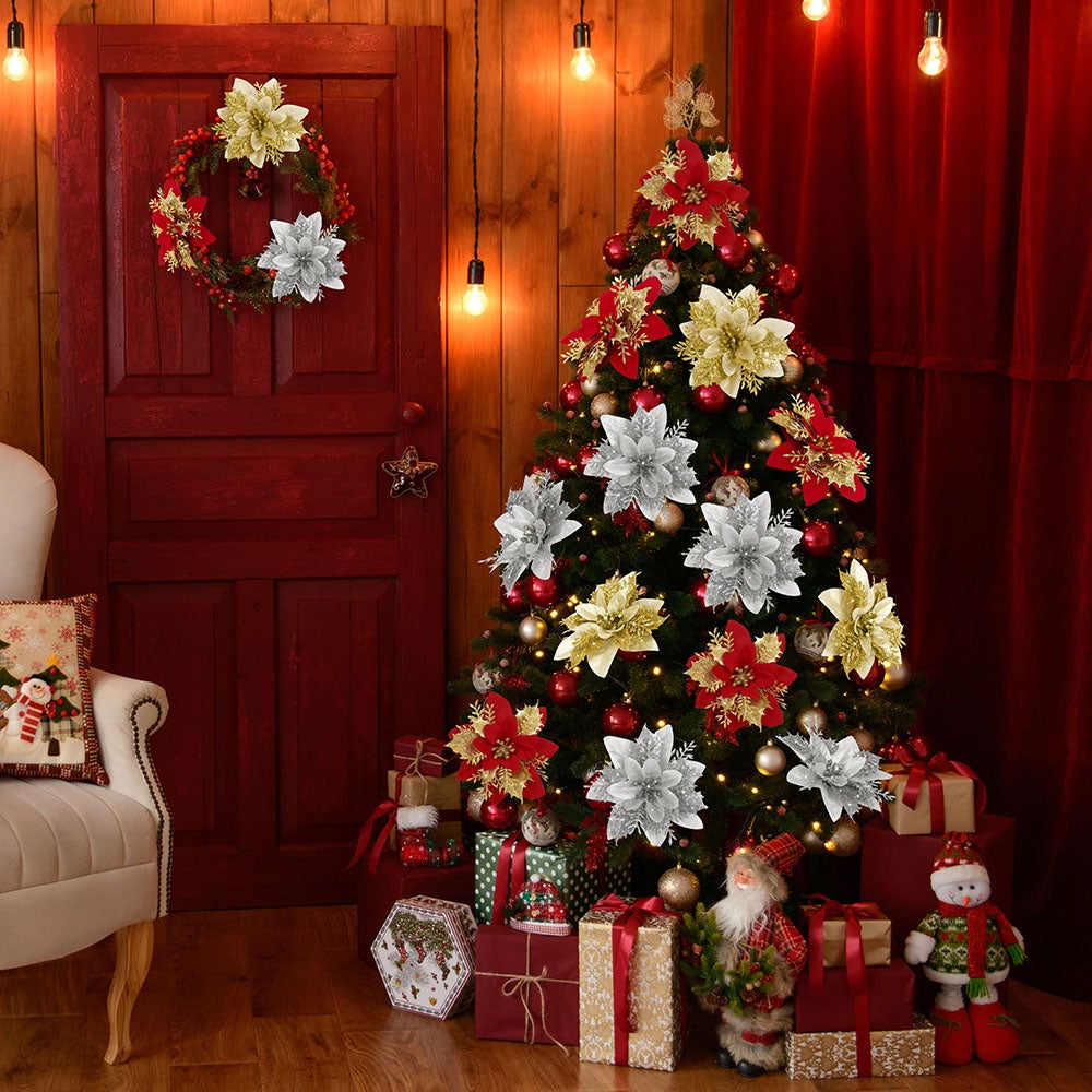 Lot de 15 décorations de Noël, fleurs artificielles scintillantes avec clips, décorations pour sapin de Noël, pendentifs de fleurs artificielles - 2