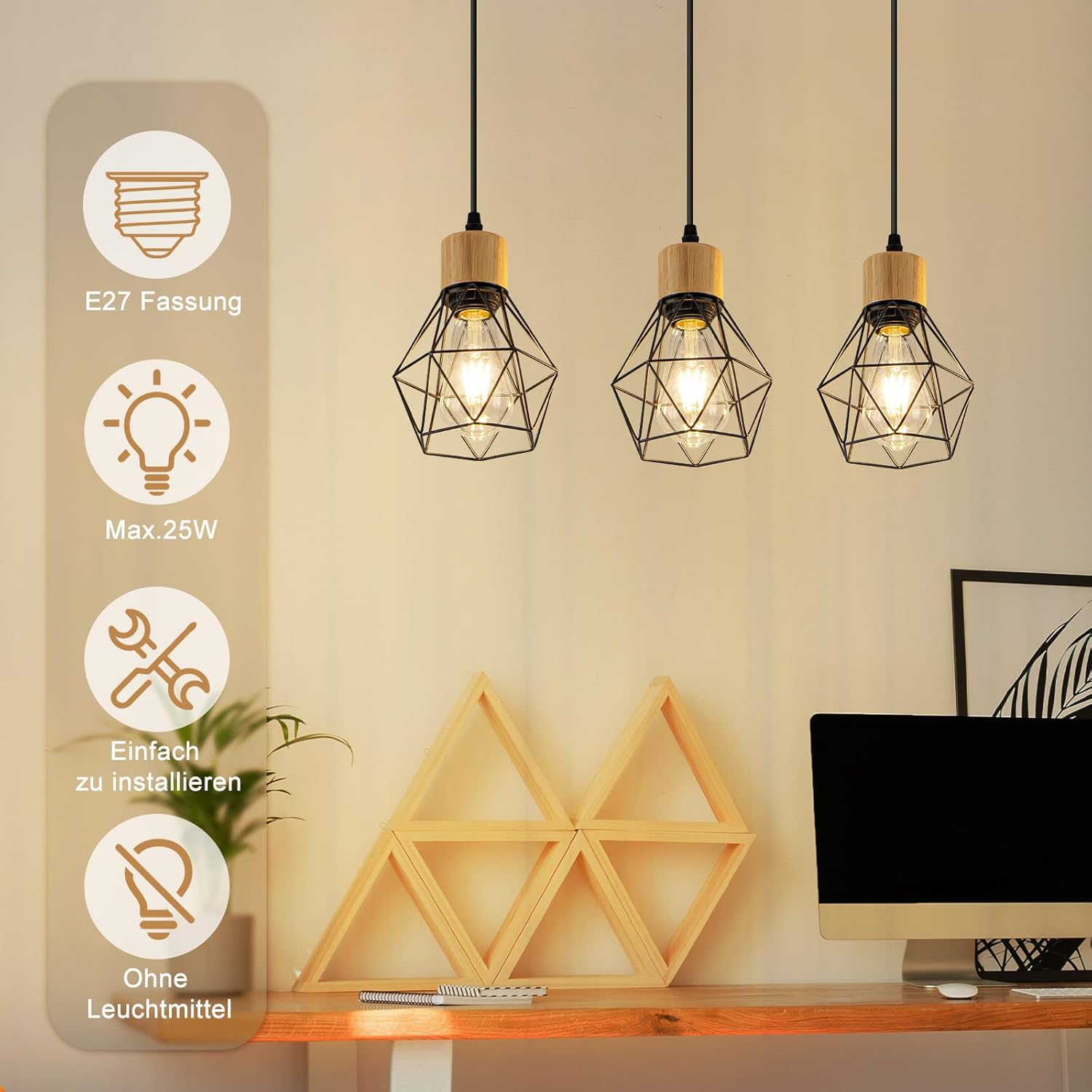 ZMH Lampa wisząca z czarnego metalu w stylu vintage, 3 żarówki E27, brak w zestawie - 3