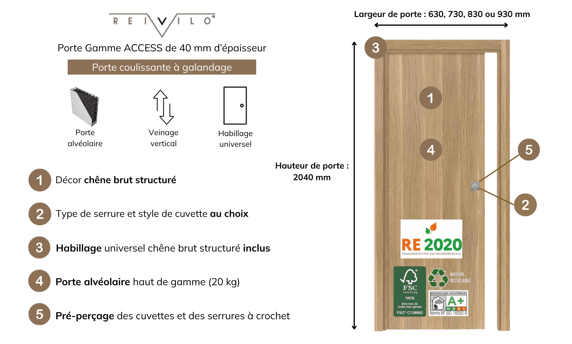Porte coulissante cloison Matild 83 cm avec cuvette ronde noire, finition chêne brut structuré - Reivilo - 5