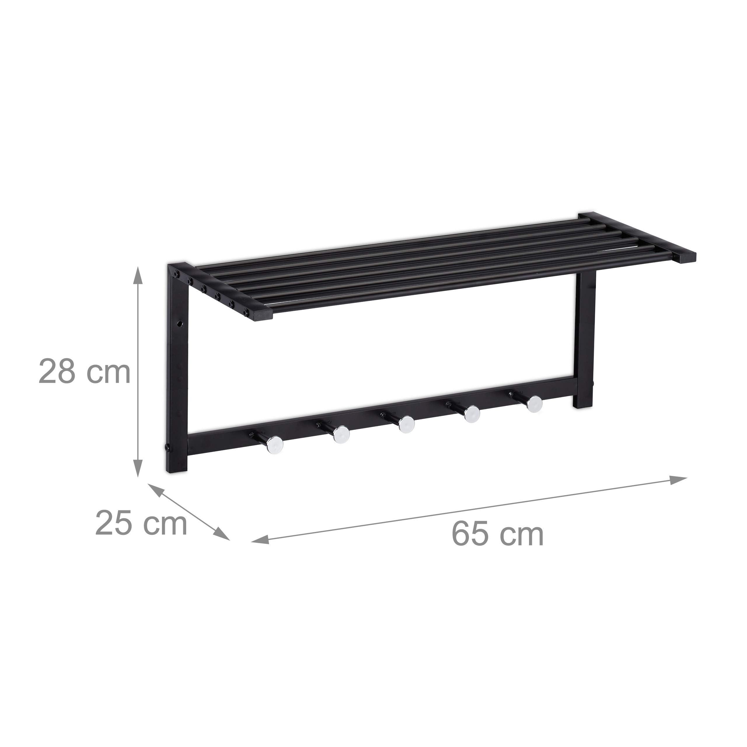 Porte-manteaux mural avec rangement, penderie à 5 patères, couloir & salle de bain, métal, 28x65x25 cm, noir, Relaxdays - 9