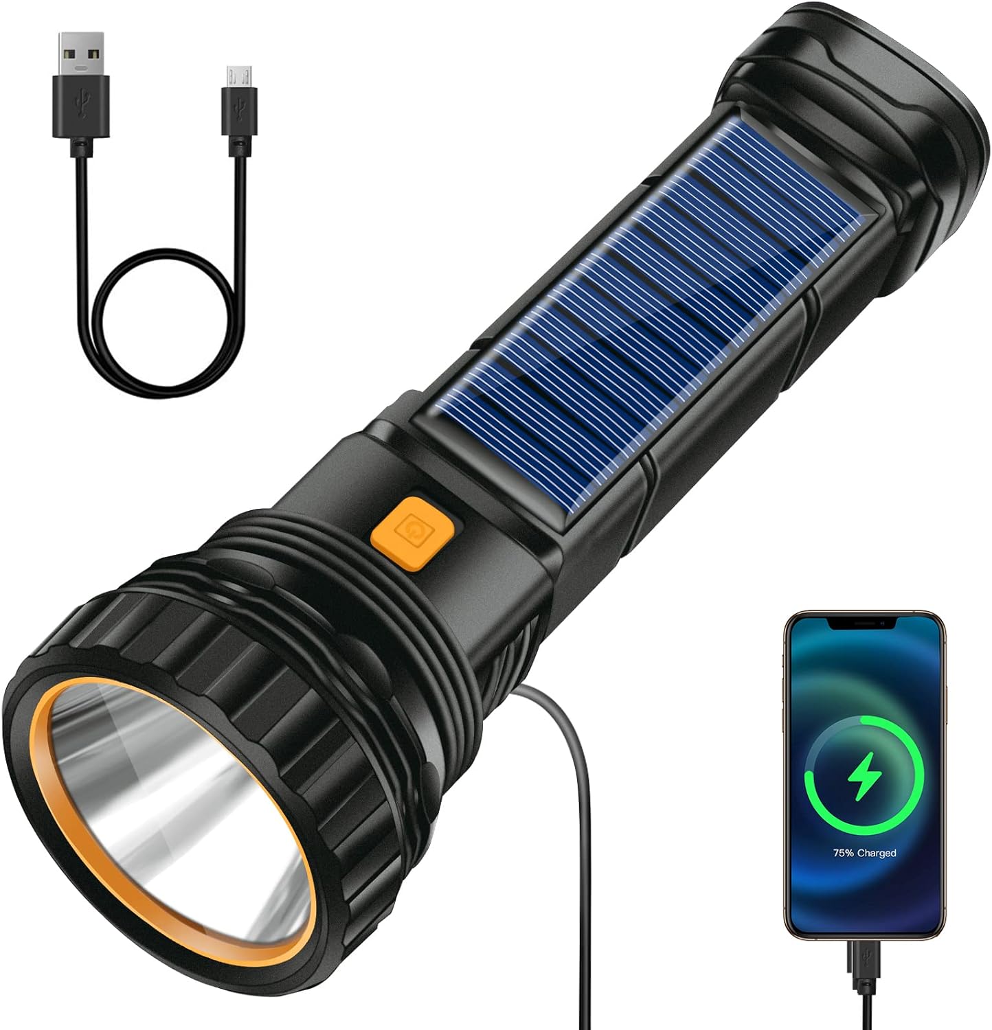 Latarka LED solarna z 3 trybami, 1200 mAh, ładowalna, z ładowarką USB, wodoodporna latarka IP44, światło do biwakowania, wędrówek, nagłych wypadków
