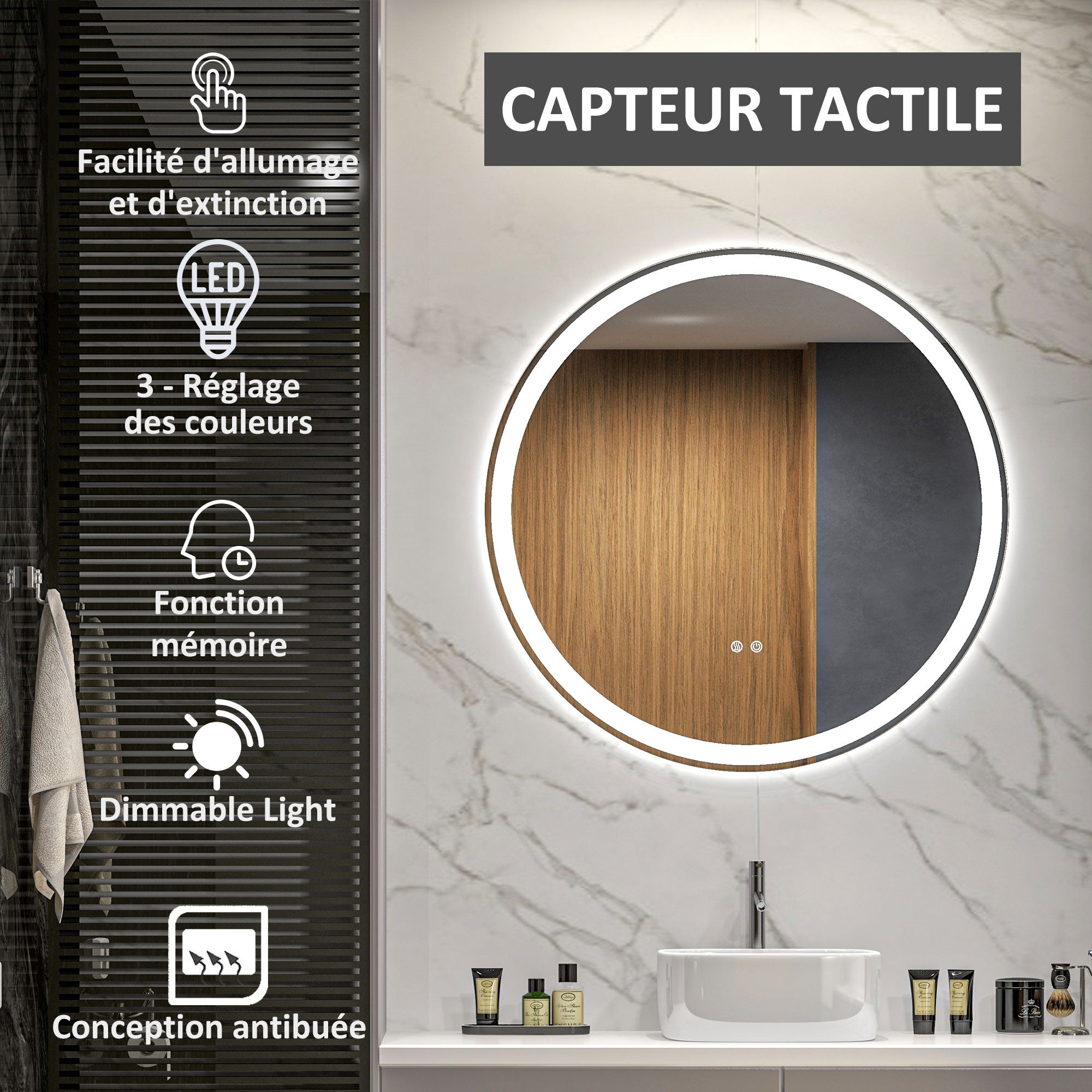 Miroir rond lumineux LED de salle de bain Ø 80 cm mural avec éclairage 3 couleurs interrupteur tactile 46W blanc argent - 6
