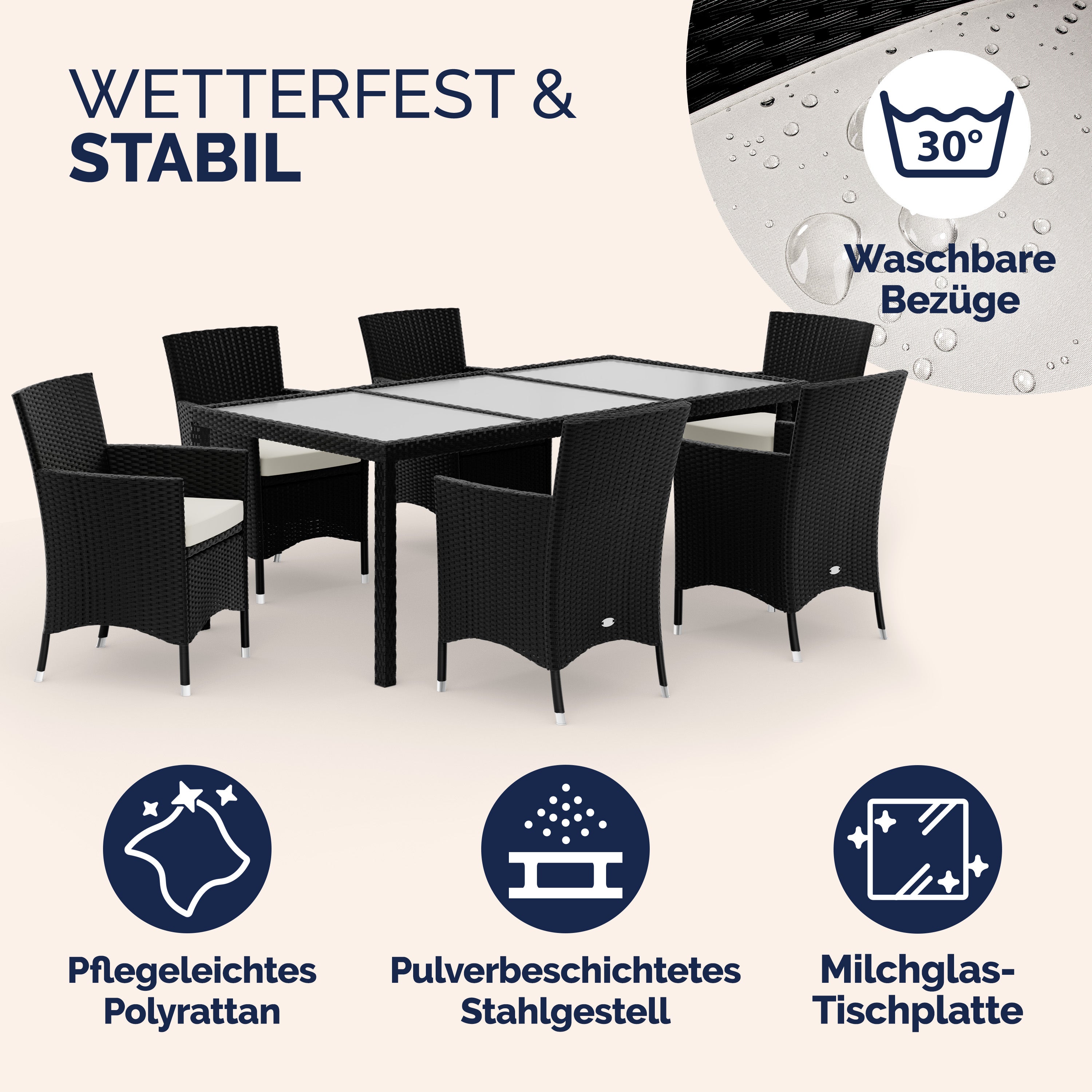CASARIA® Salon de jardin 6 personnes en Polyrotin 190x90cm Noir chaises empilables ensemble de meubles set de jardin - 6