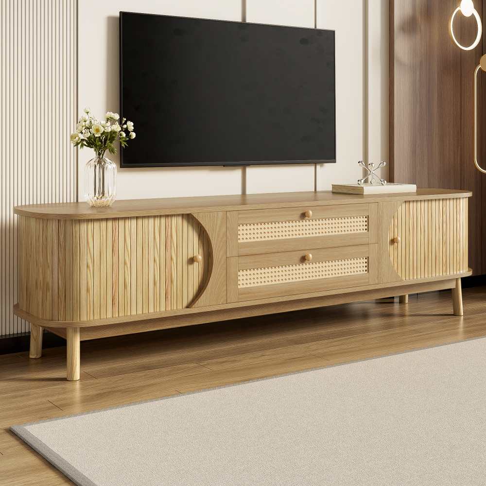 Mebel pod telewizor z litego drewna naturalnego z drzwiami i szufladami z rattanu – elegancki rustykalny design i praktyczne przechowywanie - 3