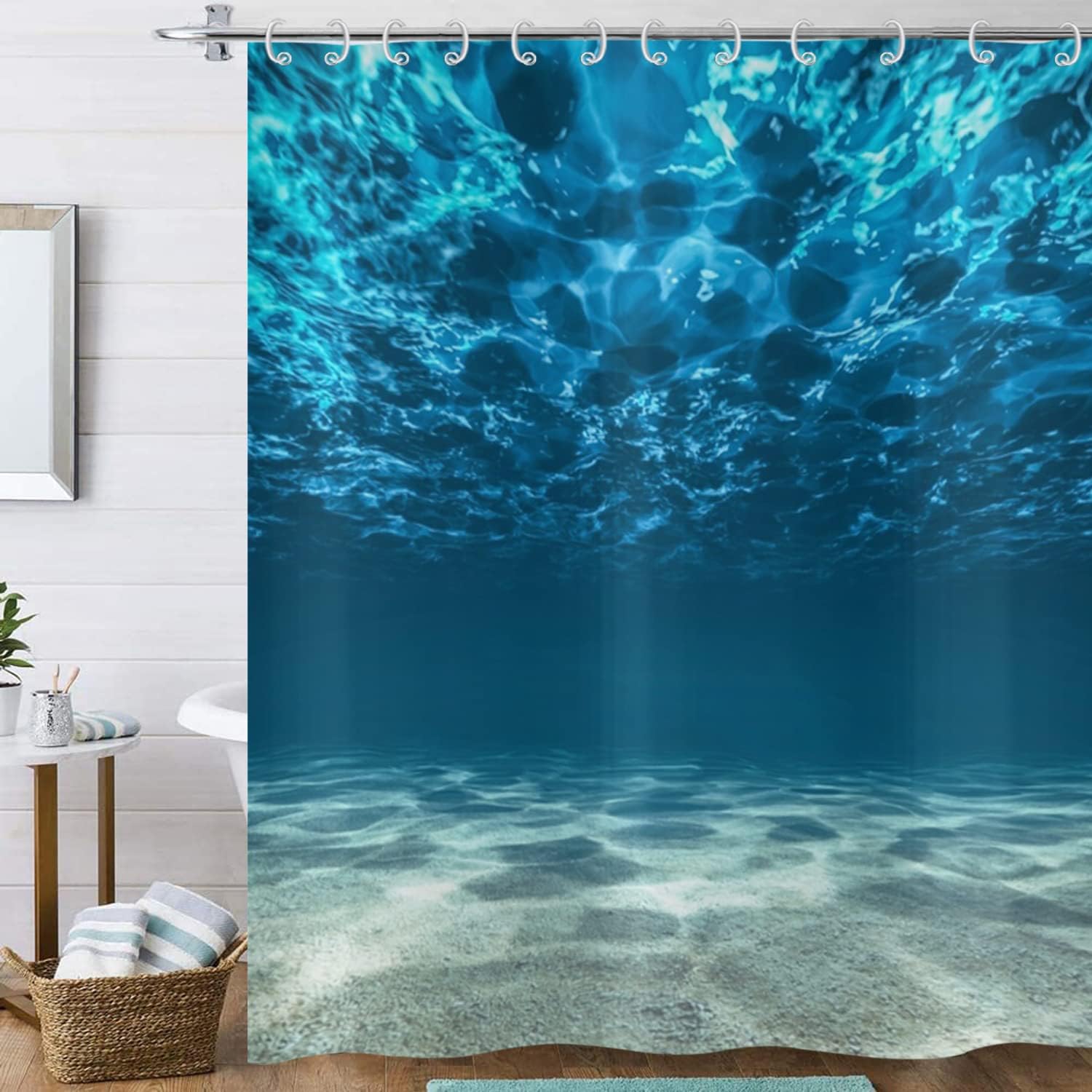 Niebieska zasłona prysznicowa w stylu oceanicznym, 180x180cm, naturalny krajobraz fal morskich, wodoodporna tkanina poliestrowa, z haczykami