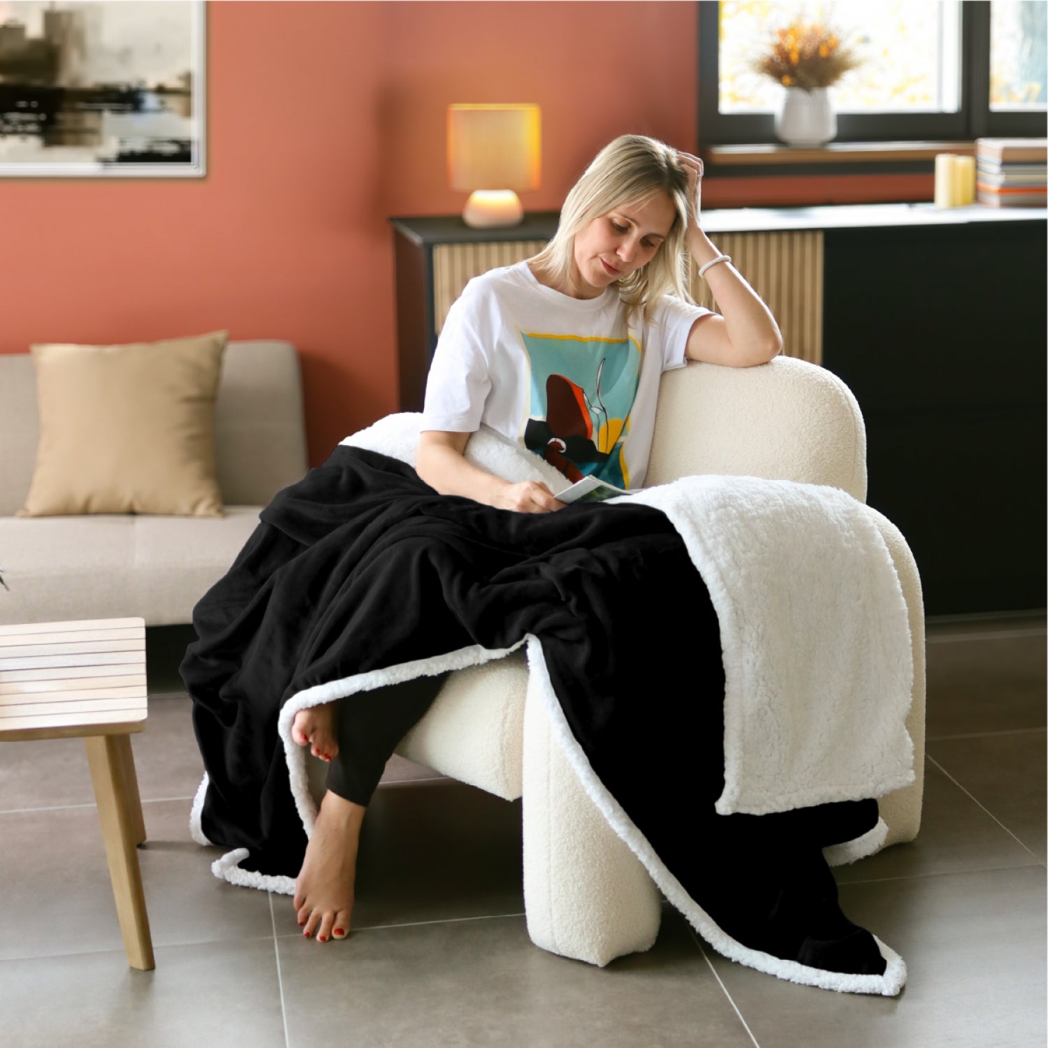 Couverture, plaid polaire 150 x 200 cm en flanelle et sherpa ultra doux - Noir - Vivezen - 3