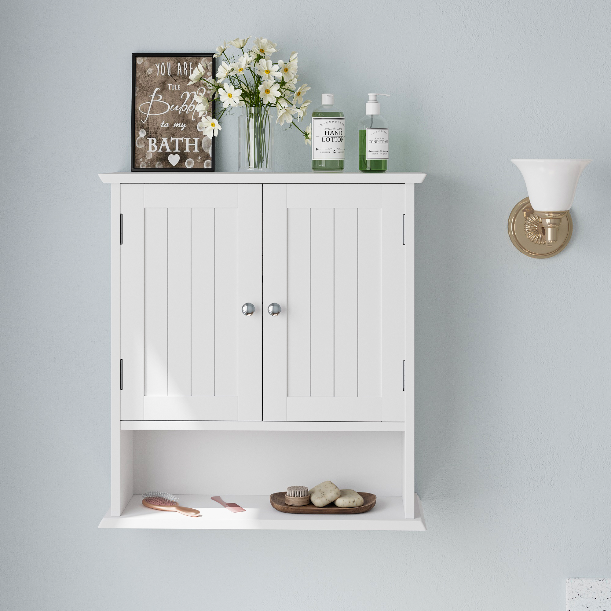 Armoire de salle de bain murale blanche, armoire à pharmacie avec portes doubles et étagères réglables, armoire murale de salle de bain au-dessus de l - 3